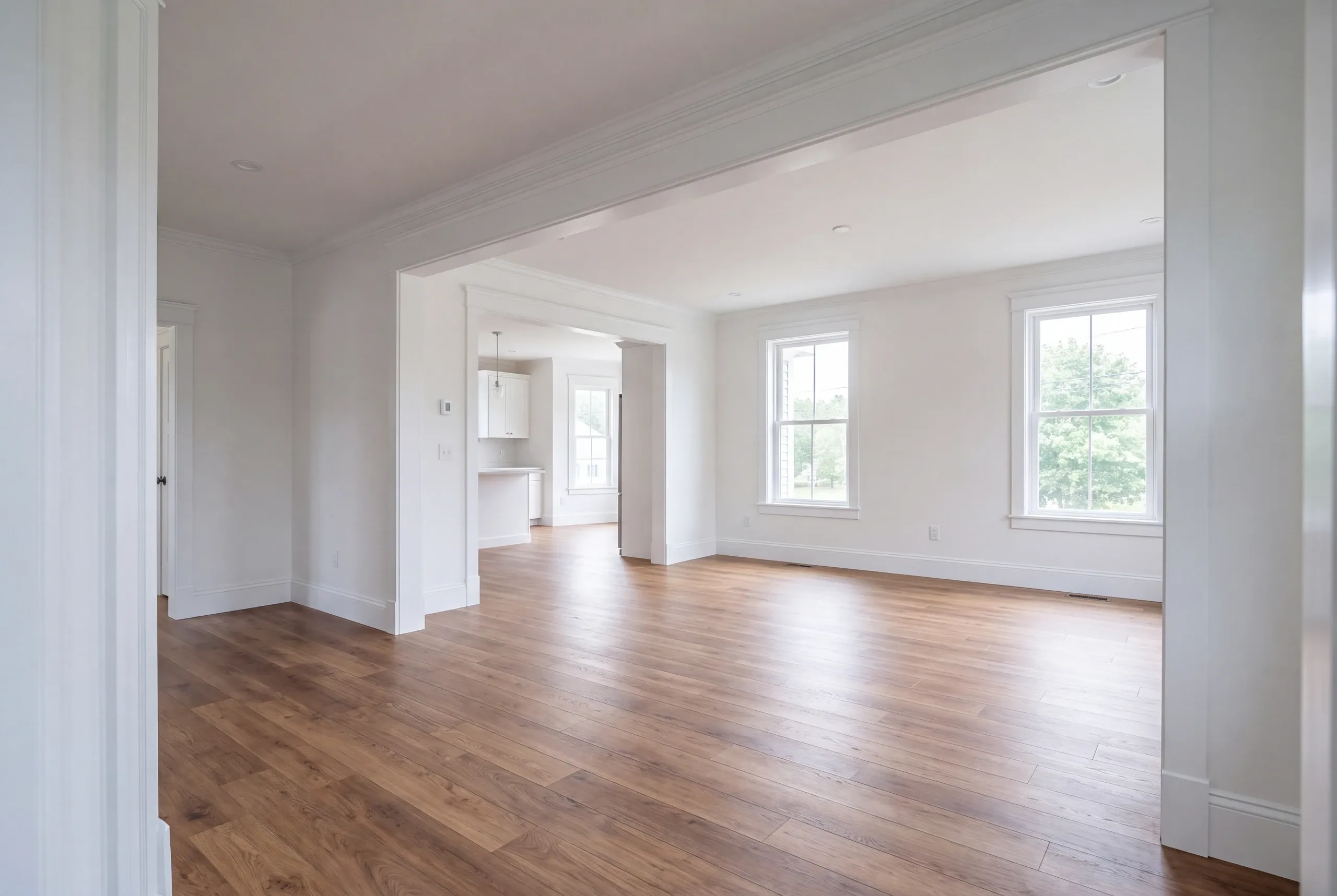 Finished renovated living room in a Waterville home seen from the hall