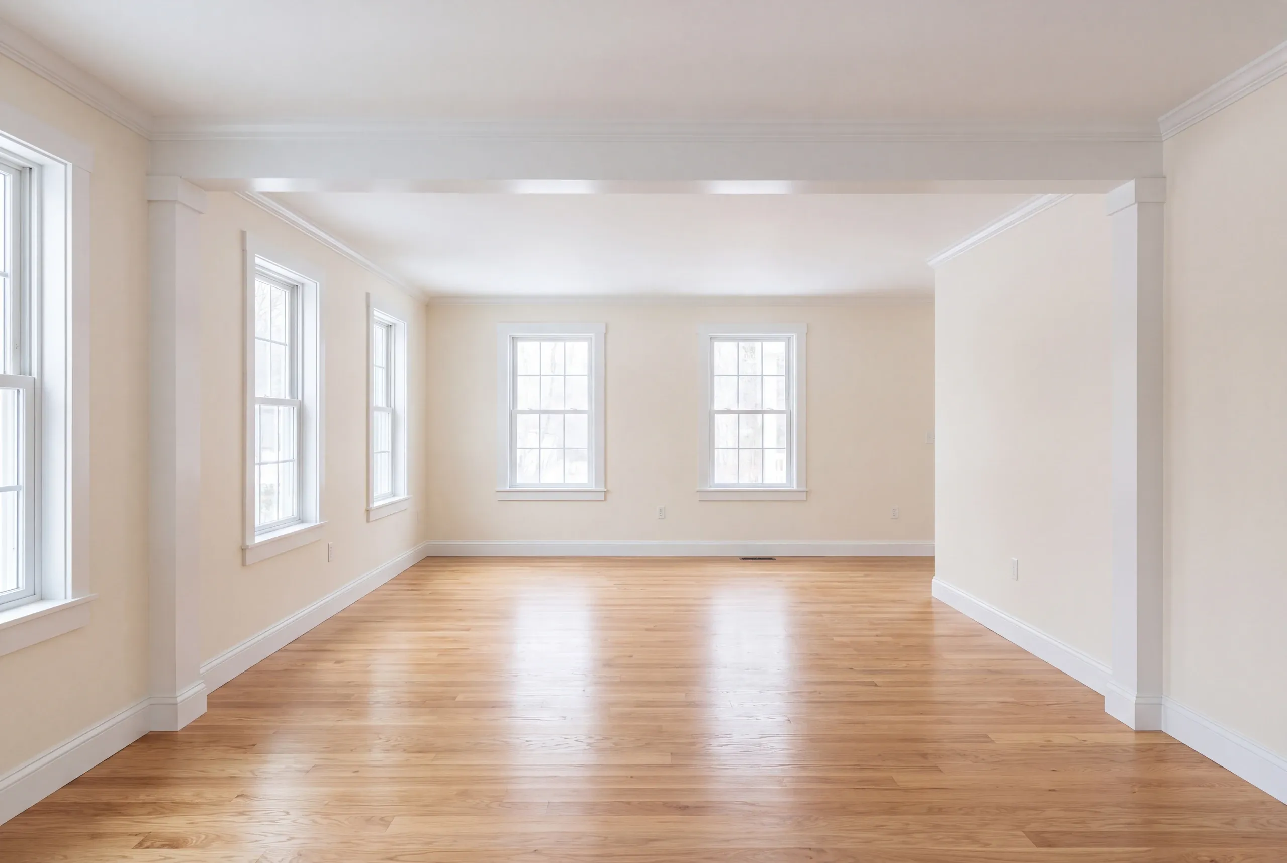 Finished renovated living room in a Whitefield home seen from the hall