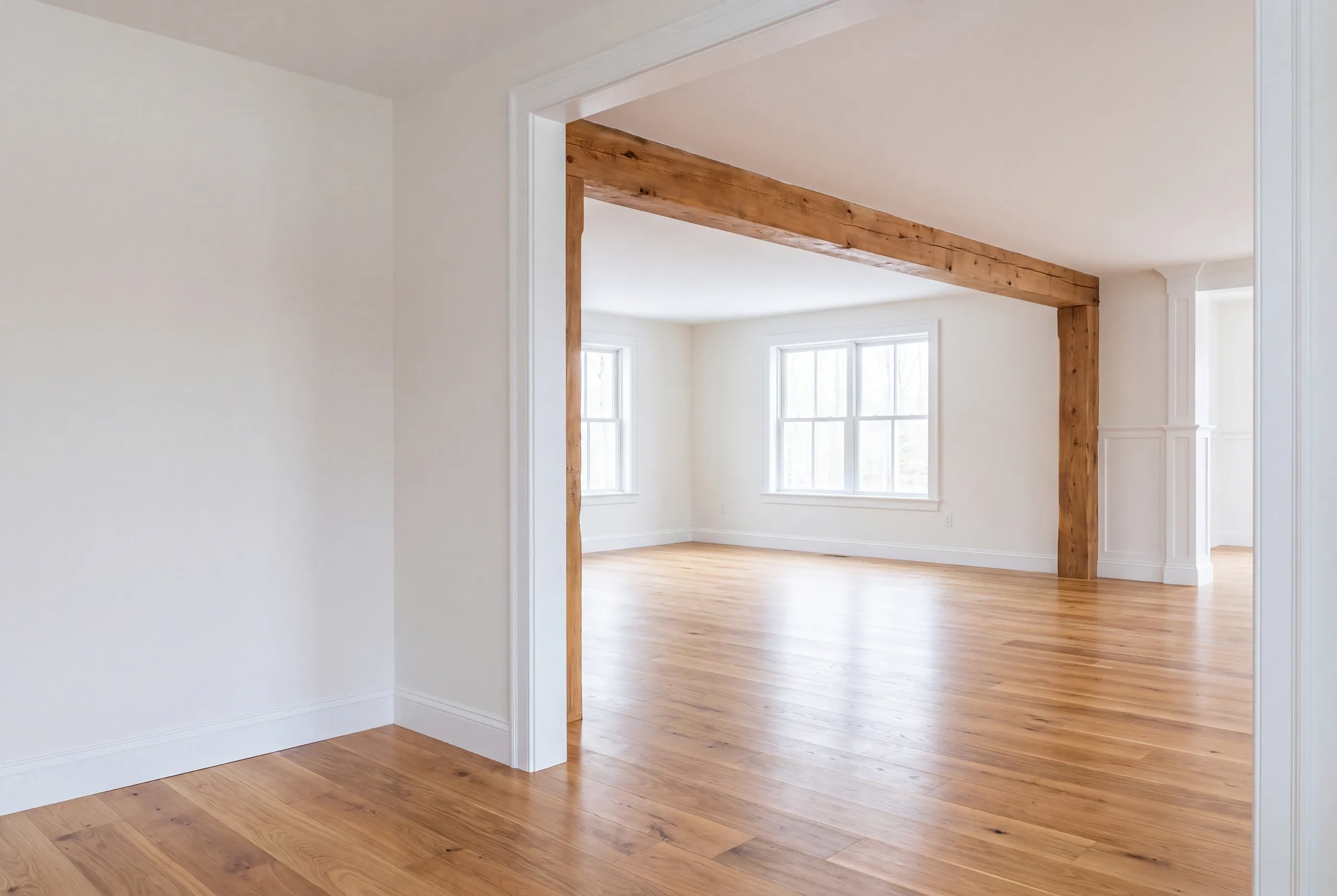 Finished renovated living space in a Whitefield, Maine home, wide interior view