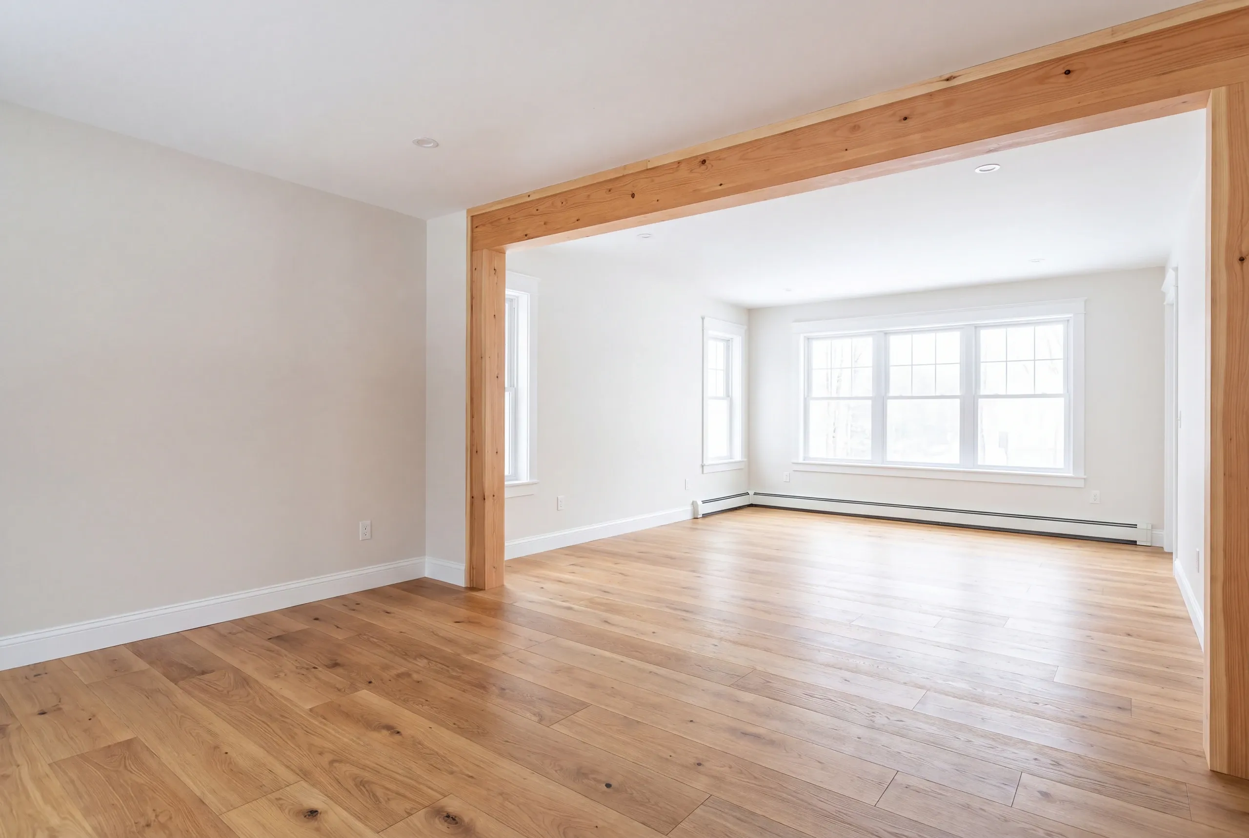 Finished renovated living space in a Windsor, Maine home, wide interior view