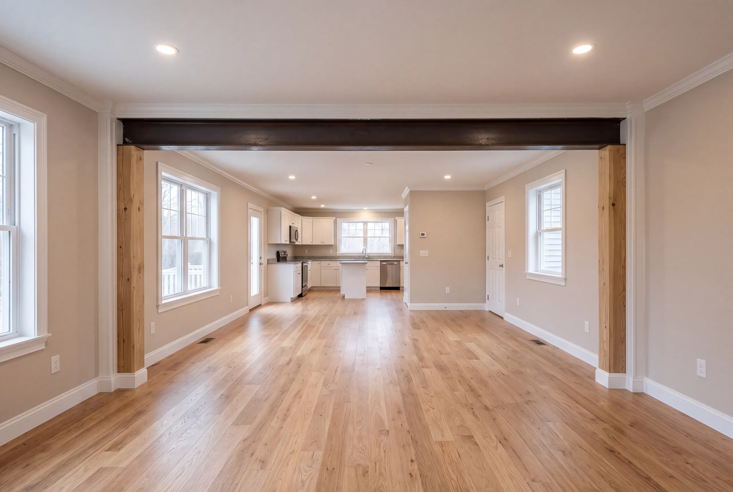 Beam set where a load-bearing center wall was removed in a Winslow ranch