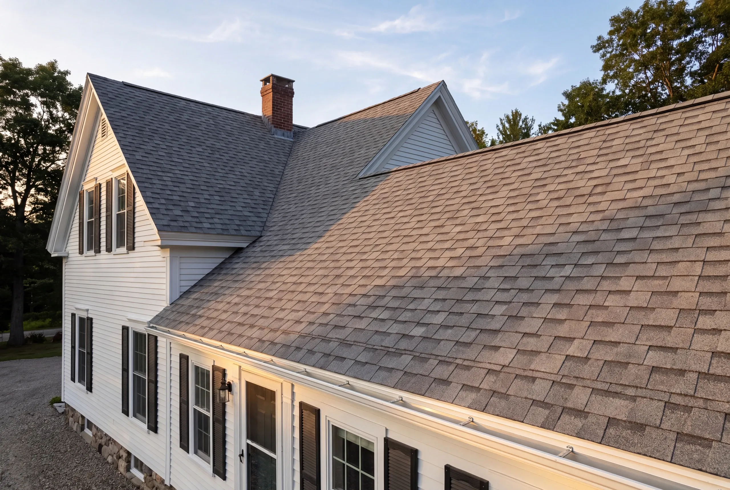 Finished roof, eaves and new gutter line on an Alna home seen from the driveway