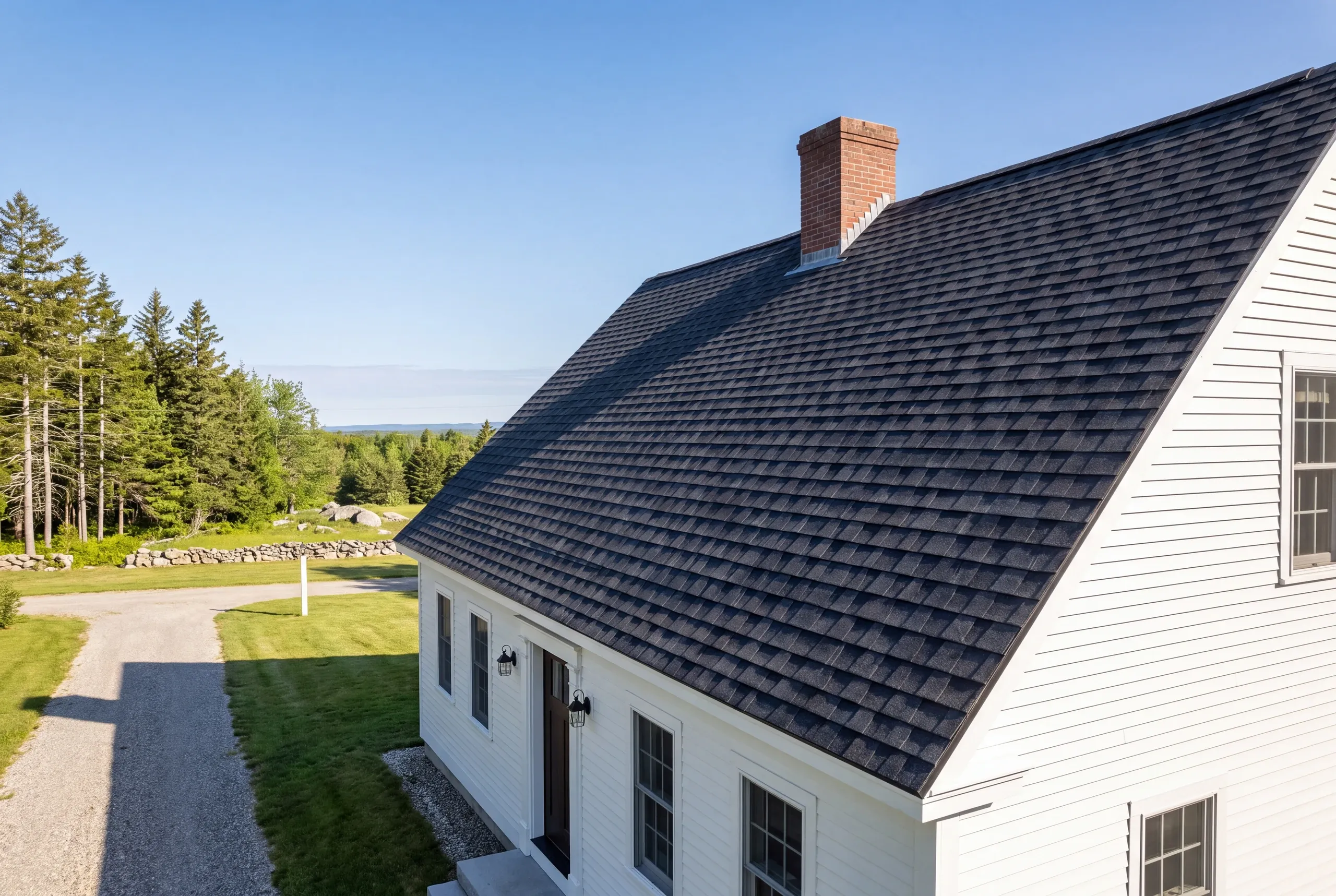 Finished architectural shingle roof on an Alna, Maine home, wide view