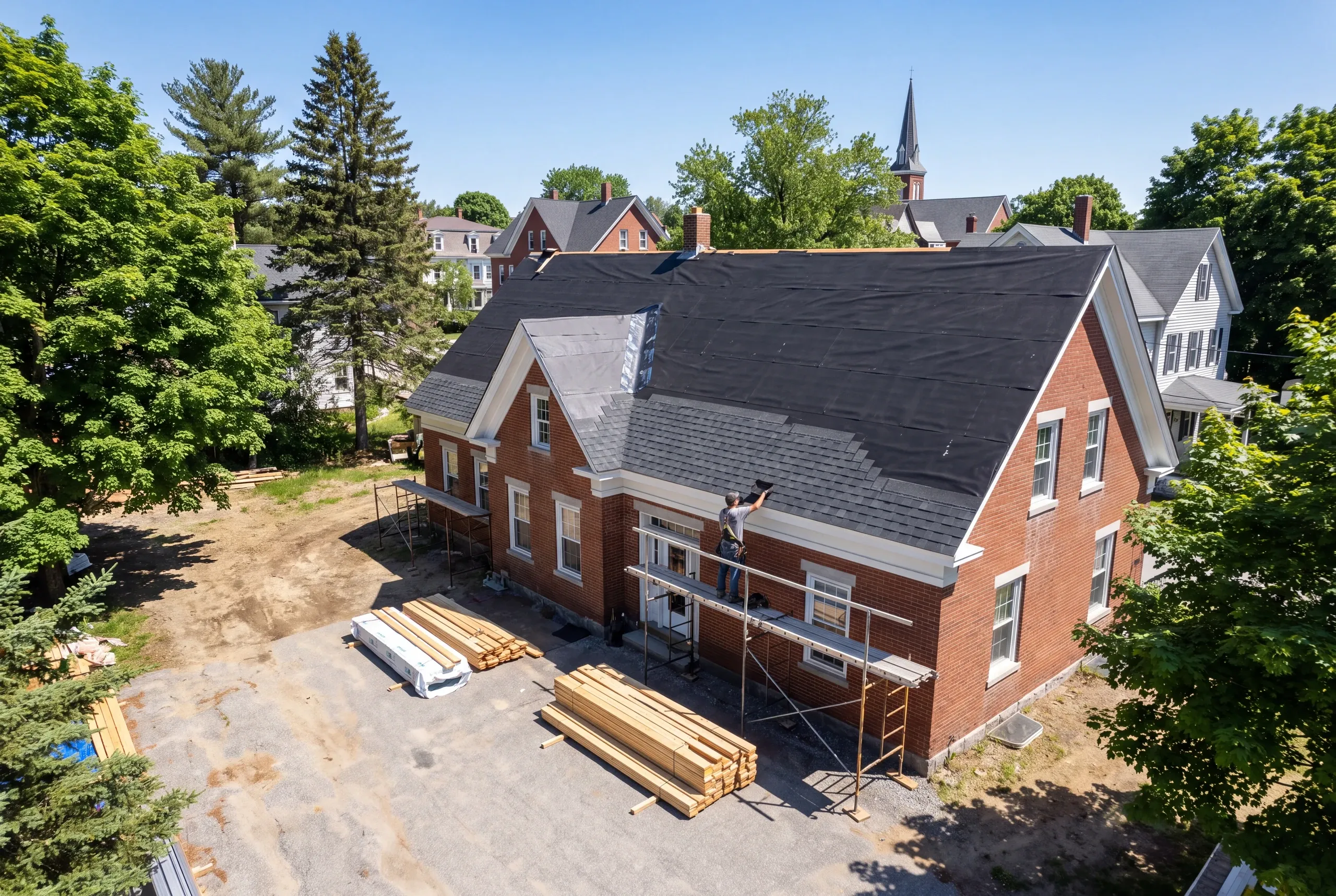 Roofer working a downtown Auburn mill-era house roof