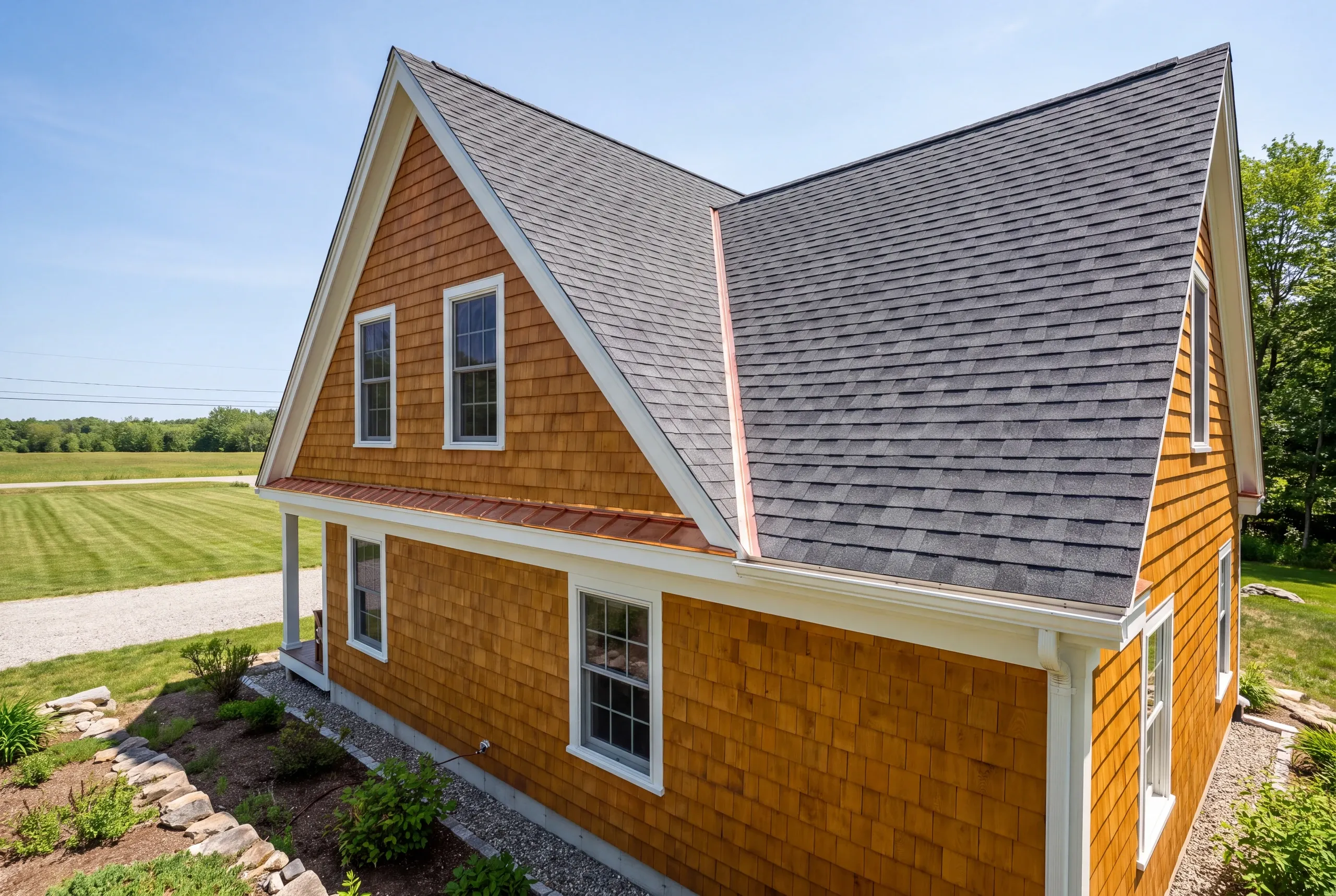 Finished architectural shingle roof on an Auburn, Maine home, wide view