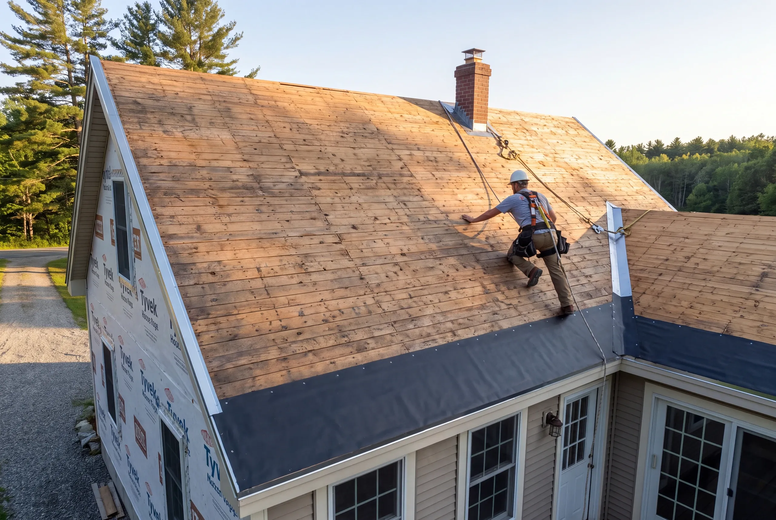 Roofer replacing rotted sheathing boards on an Augusta roof deck