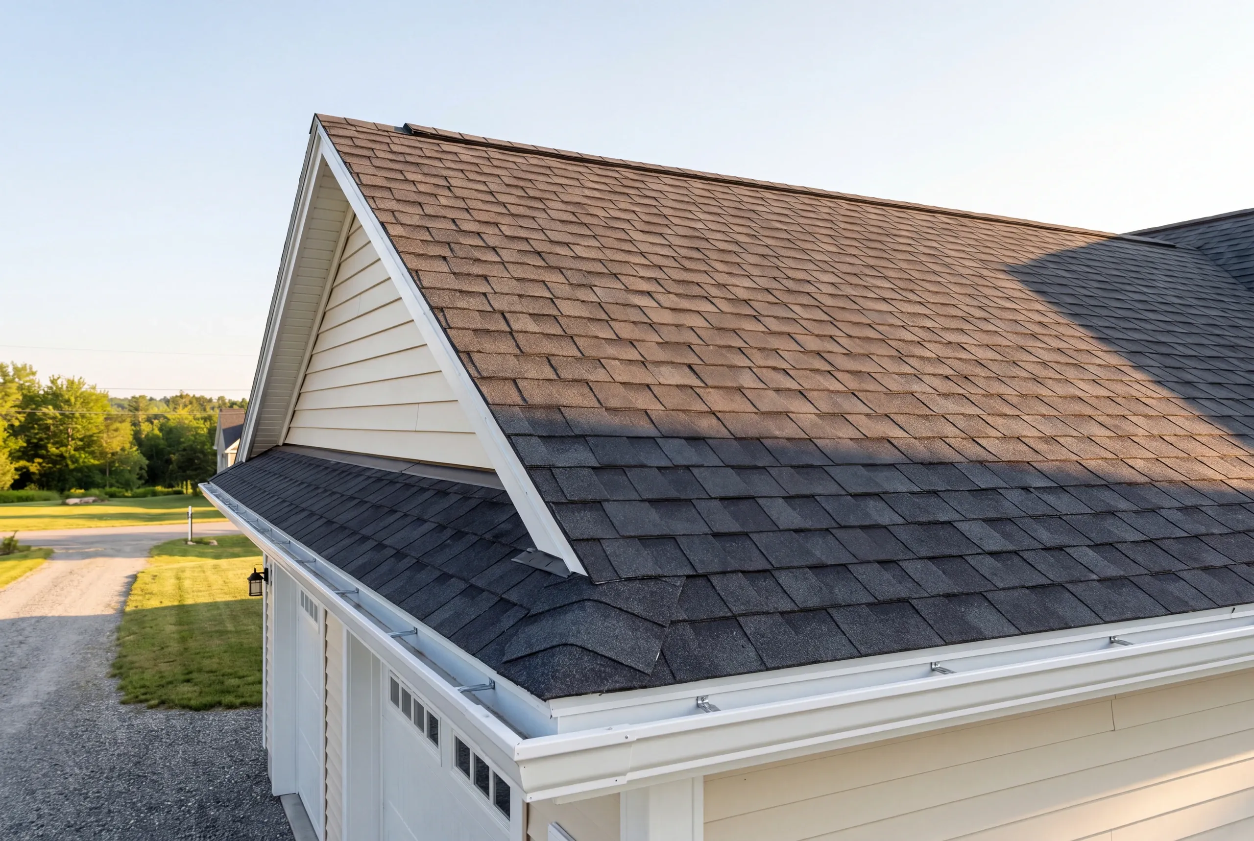 Finished roof, eaves and new gutter line on an Augusta home seen from the driveway