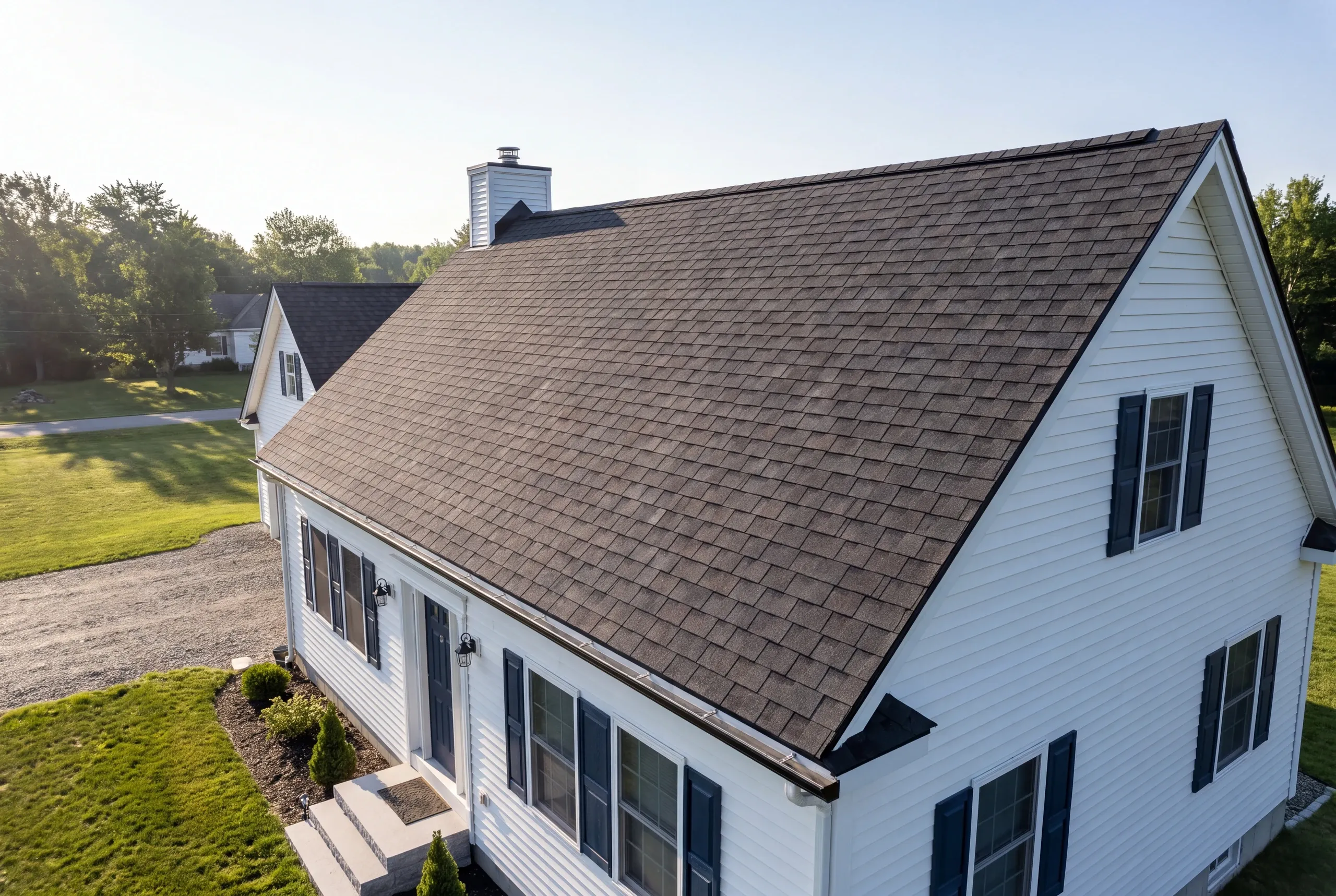 Finished architectural shingle roof on an Augusta, Maine home, wide view
