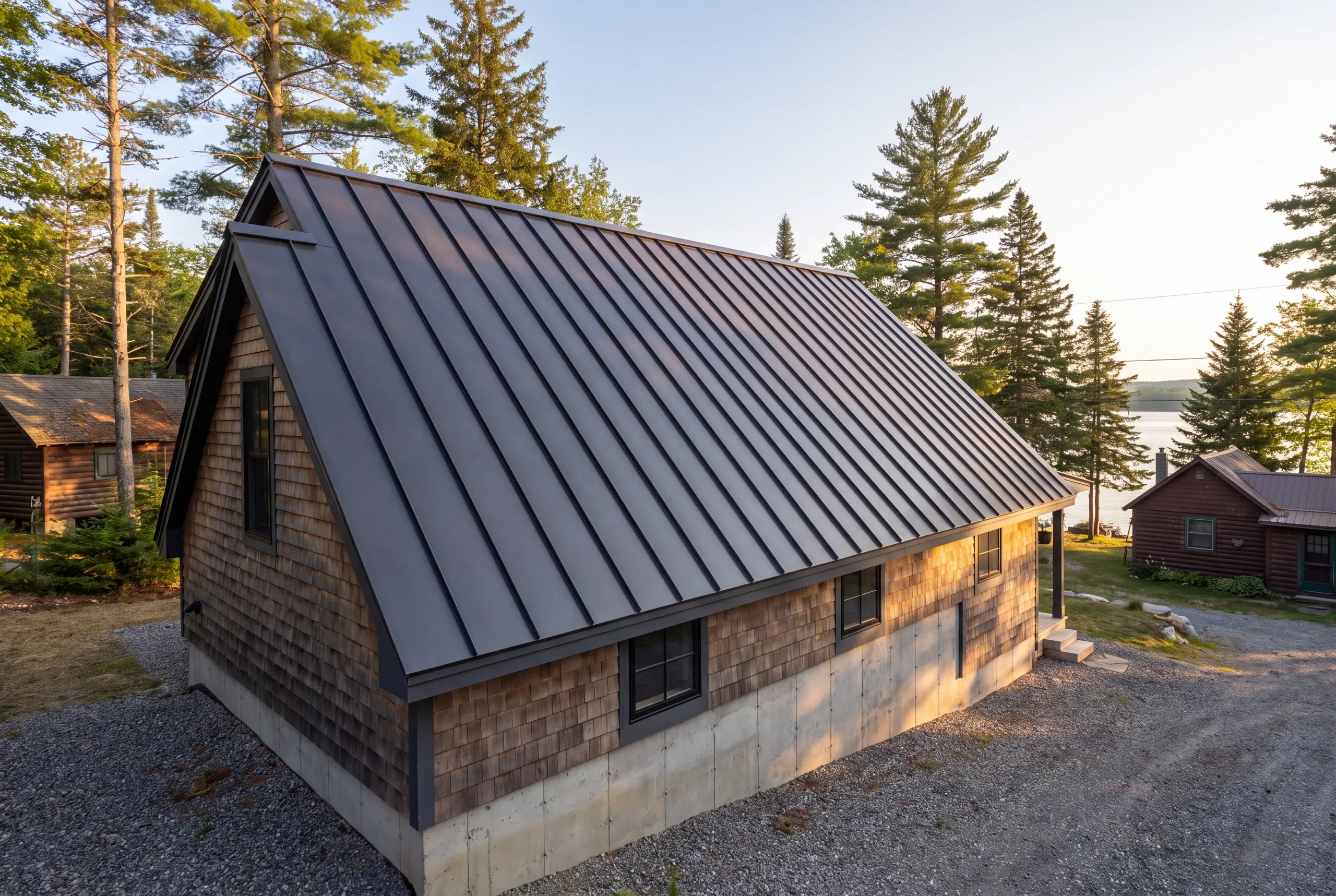 Standing seam metal roof shedding snow on a Belgrade property