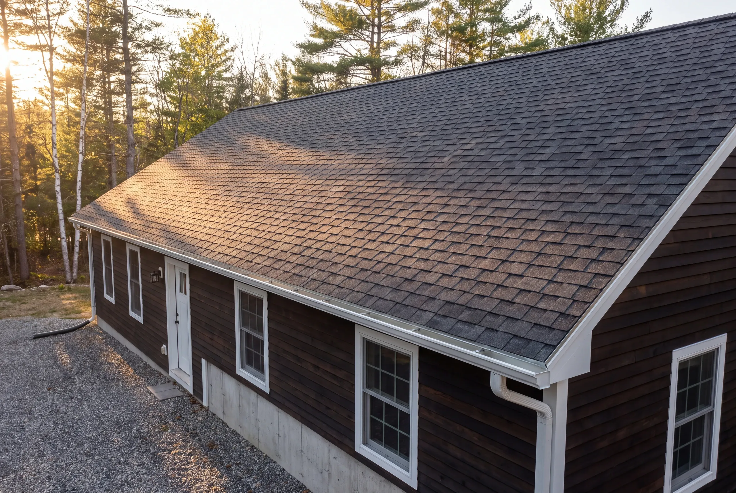 Finished roof, eaves and new gutter line on a Belgrade home seen from the driveway