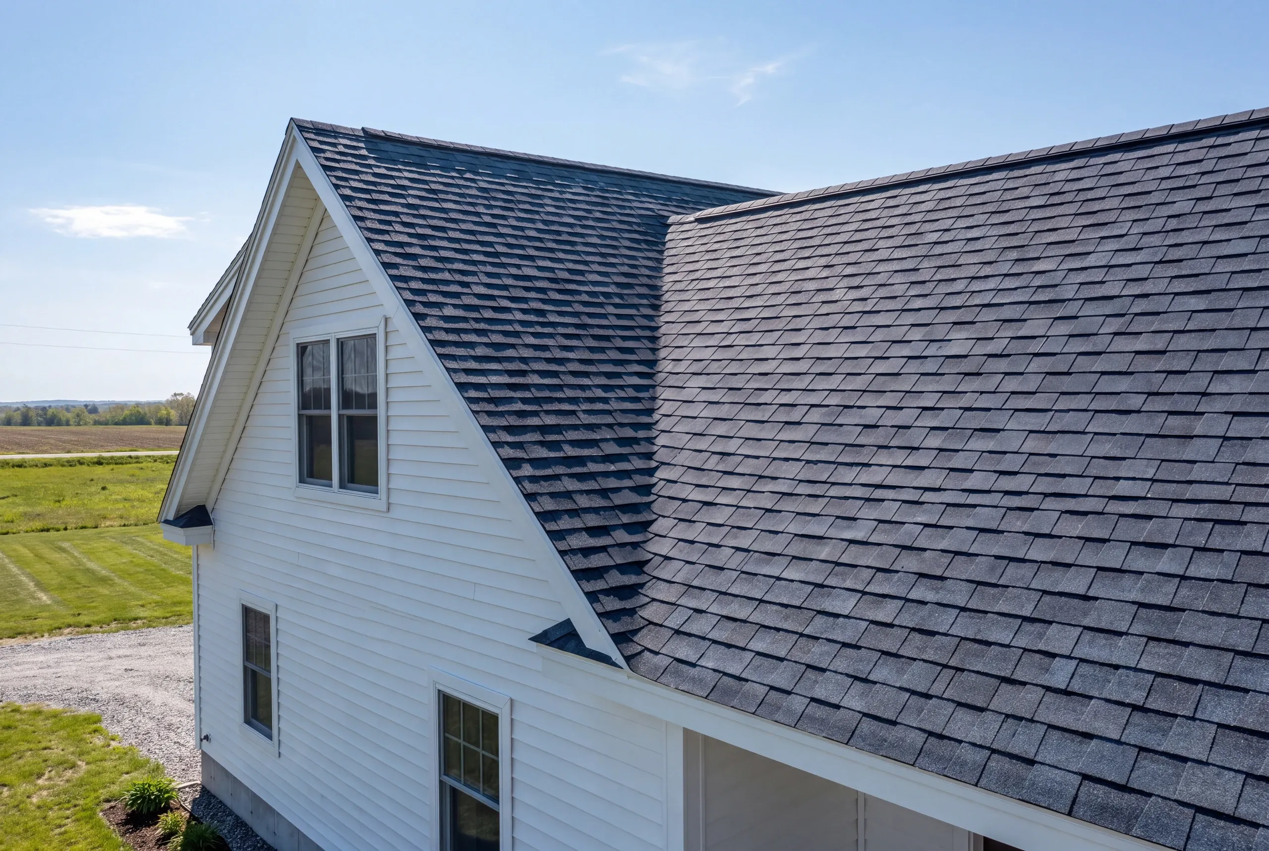 Finished architectural shingle roof on a Belgrade, Maine home, wide view