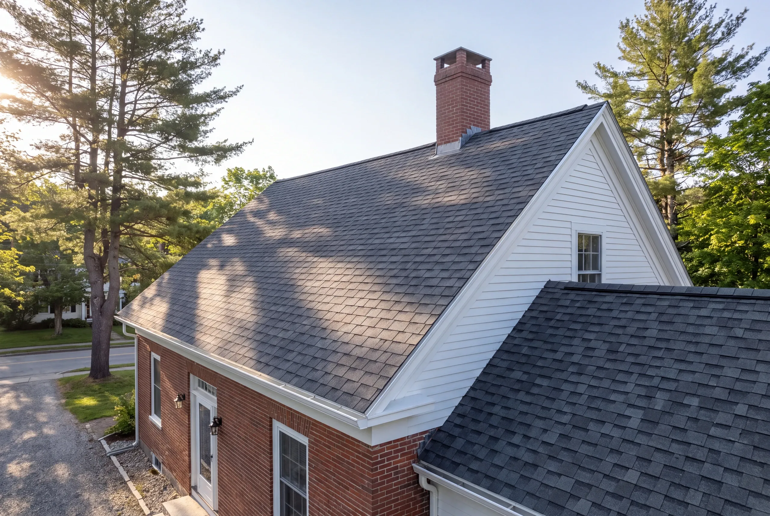 Wind-driven rain against a Brunswick roof and gable
