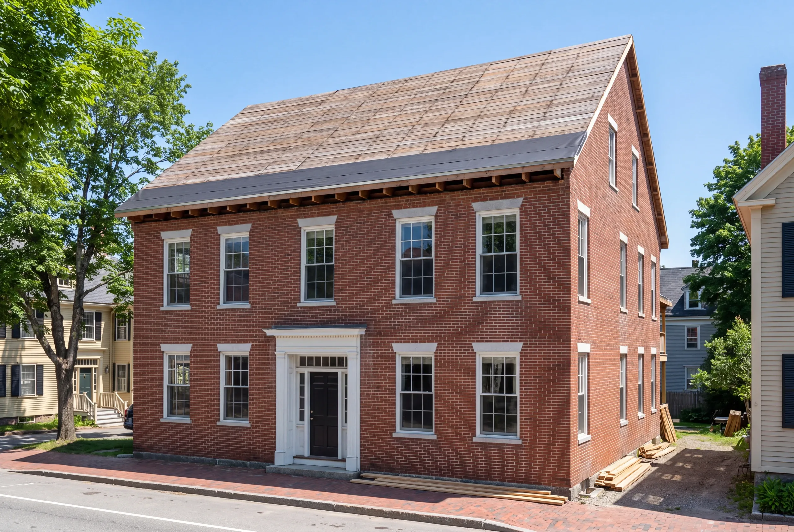 Historic district house on Maine Street in Brunswick being reroofed