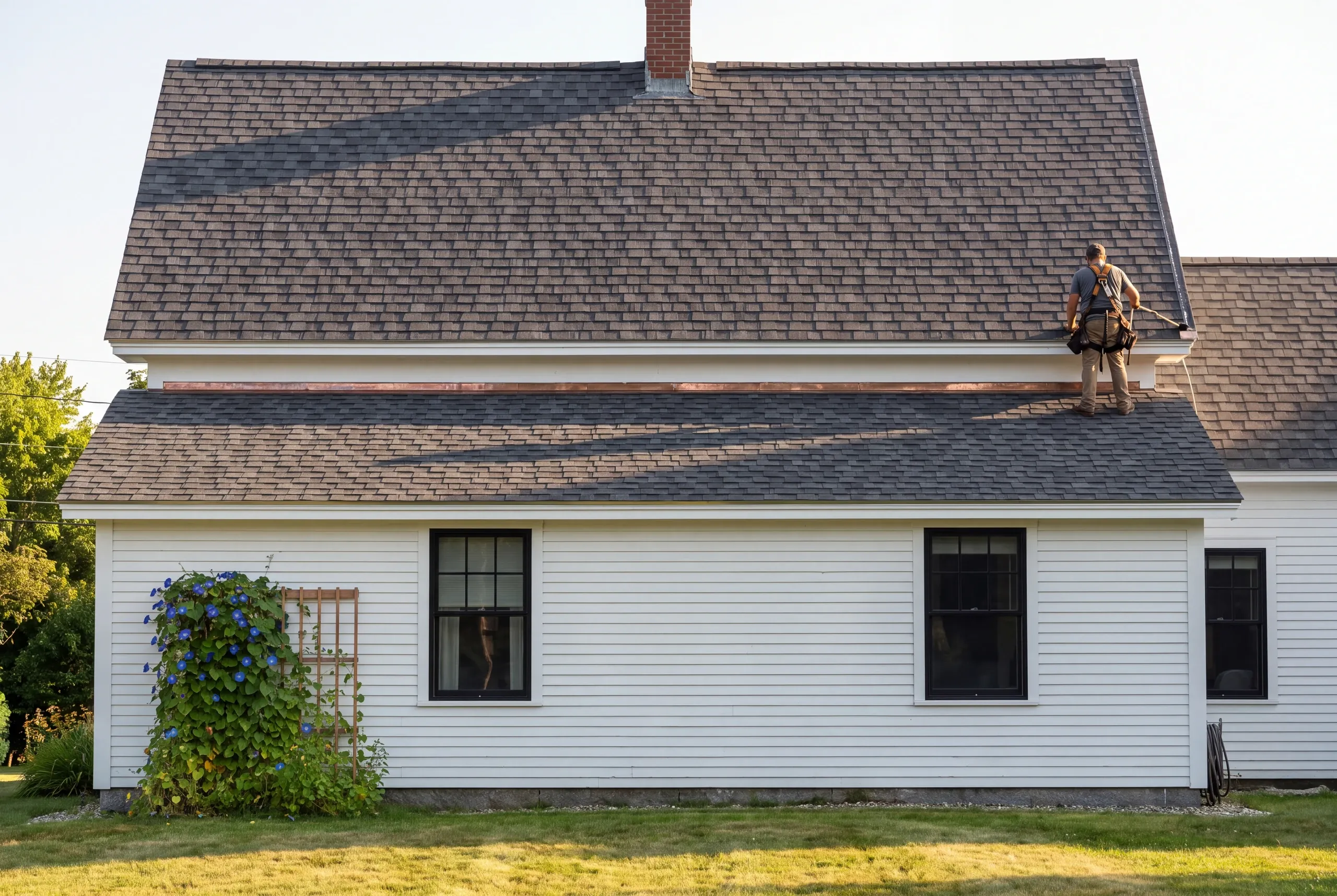 Roofer sealing a rake edge against uplift in Brunswick