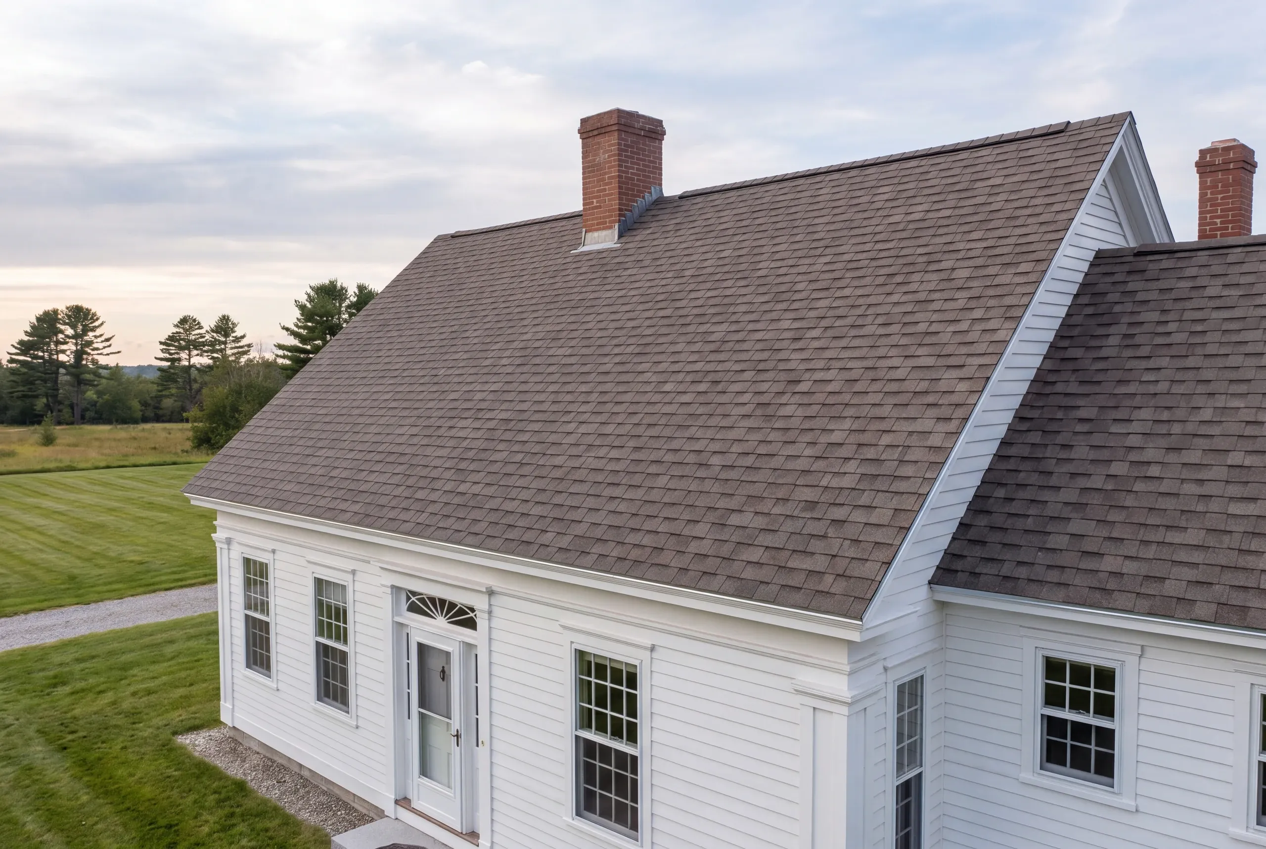 Finished architectural shingle roof on a Brunswick, Maine home, wide view