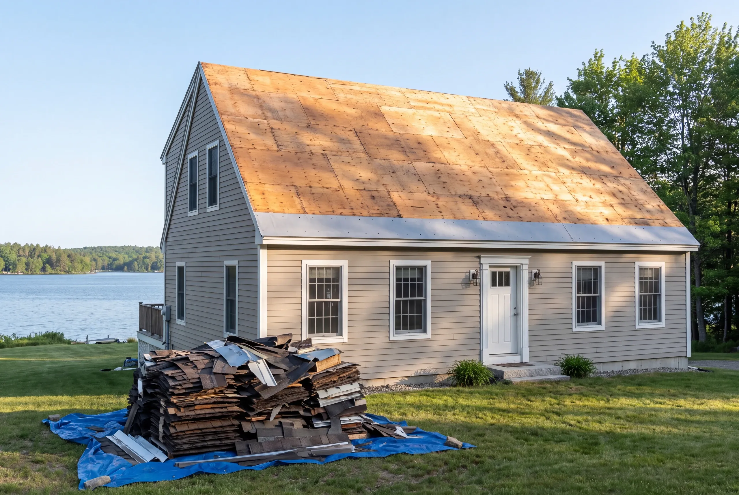 Roofing contractor China, ME containing tear-off debris beside China Lake