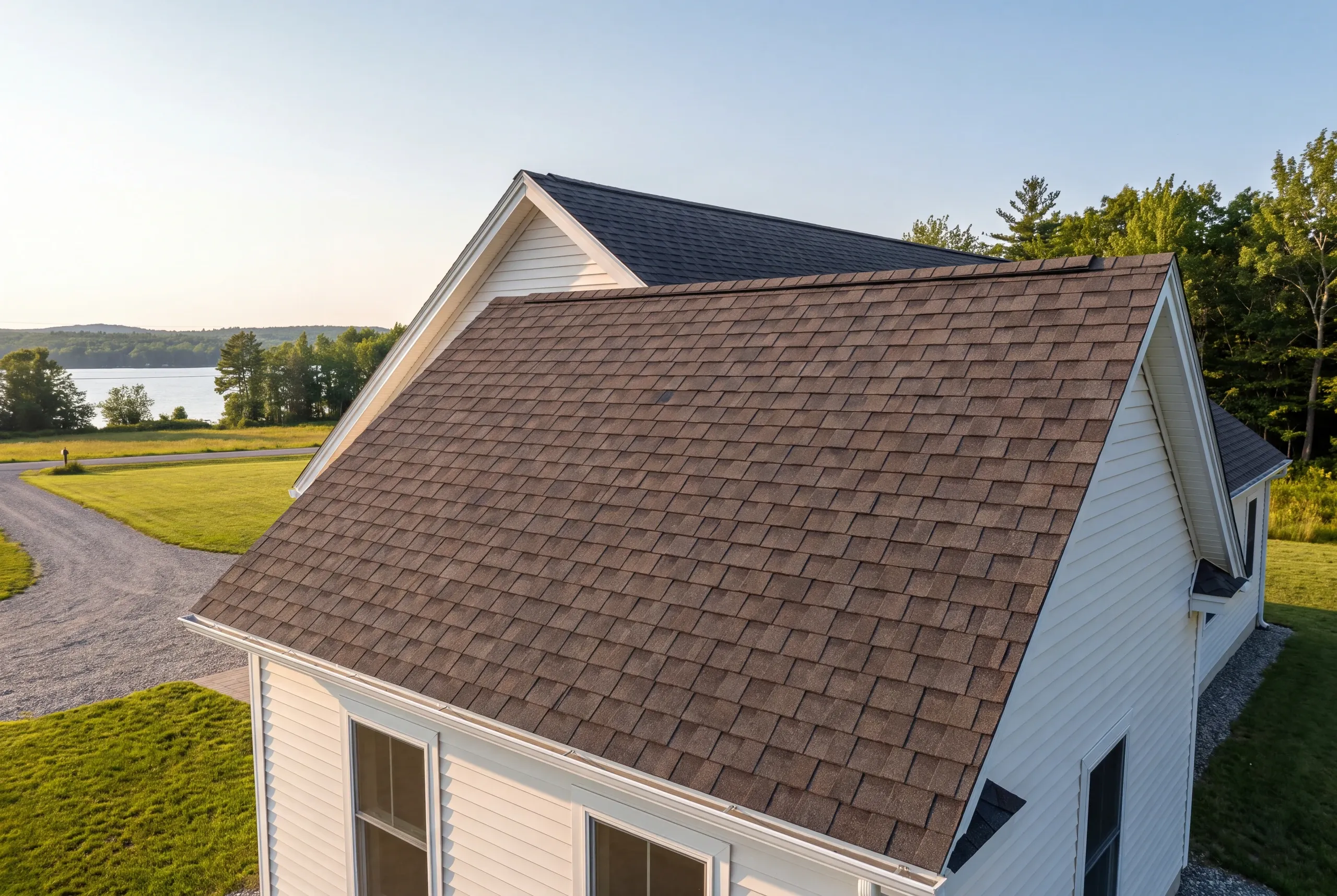 Finished architectural shingle roof on a China, Maine home, wide view