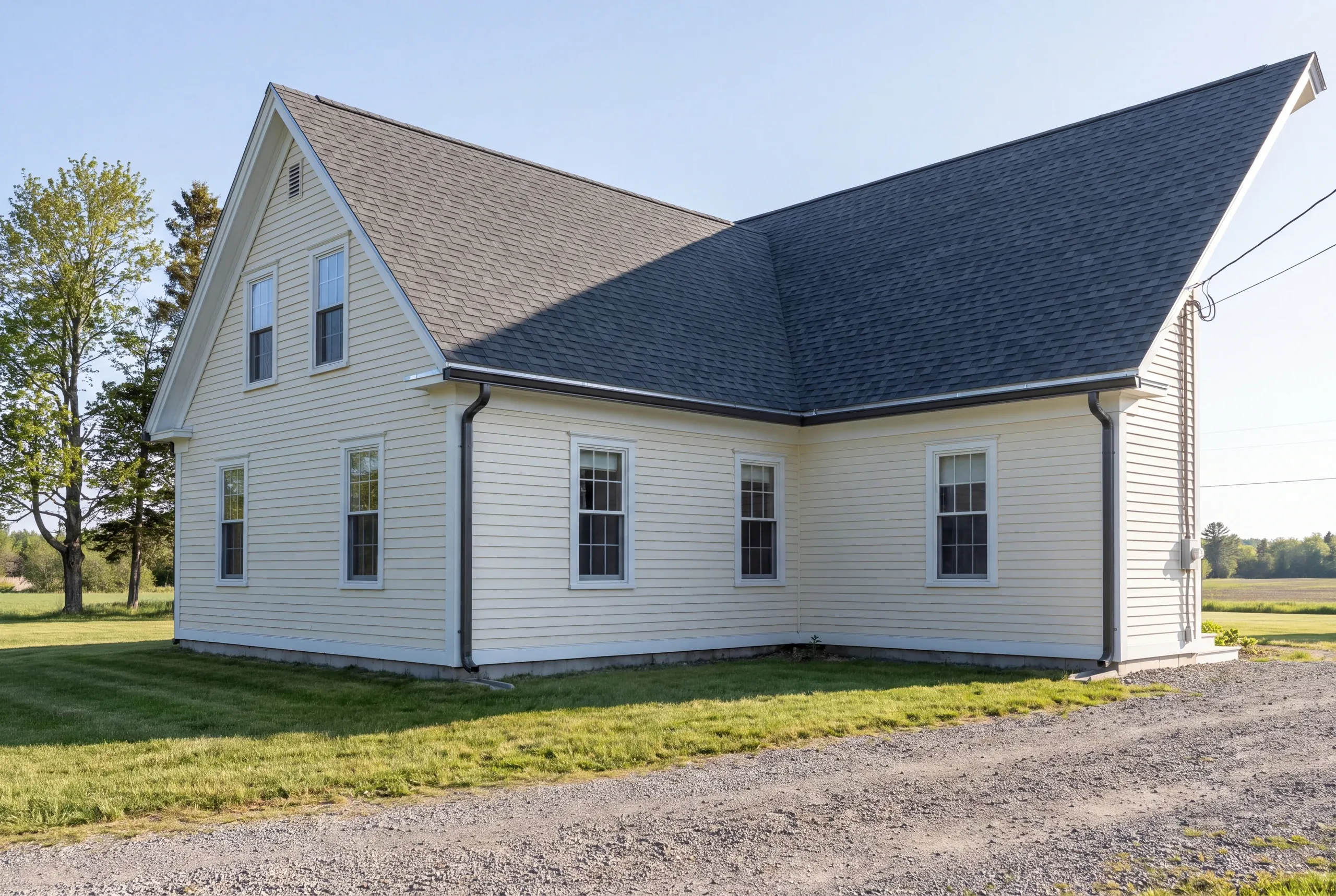 Finished roof, eaves and new gutter line on a Clinton home seen from the driveway