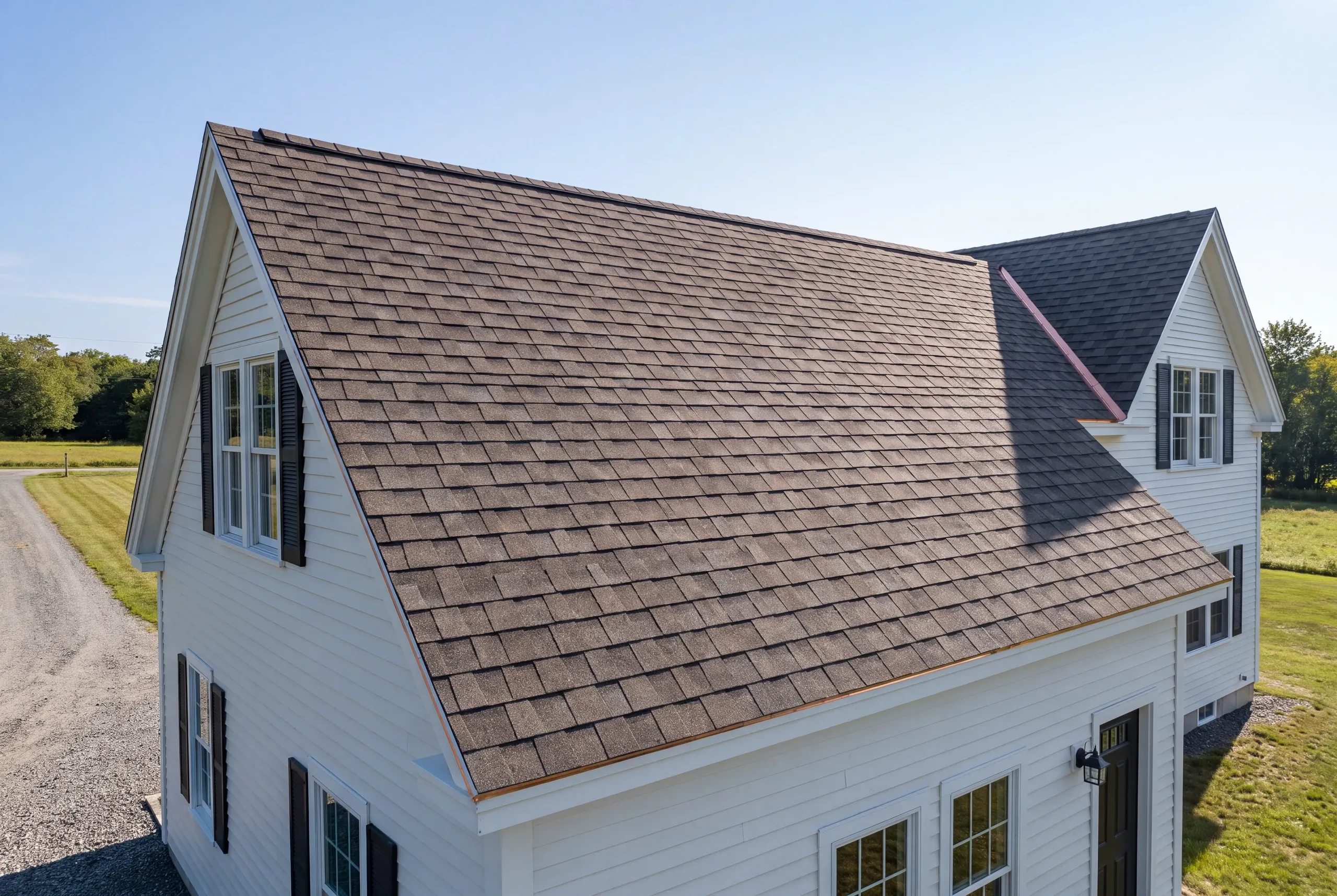 Finished architectural shingle roof on a Clinton, Maine home, wide view