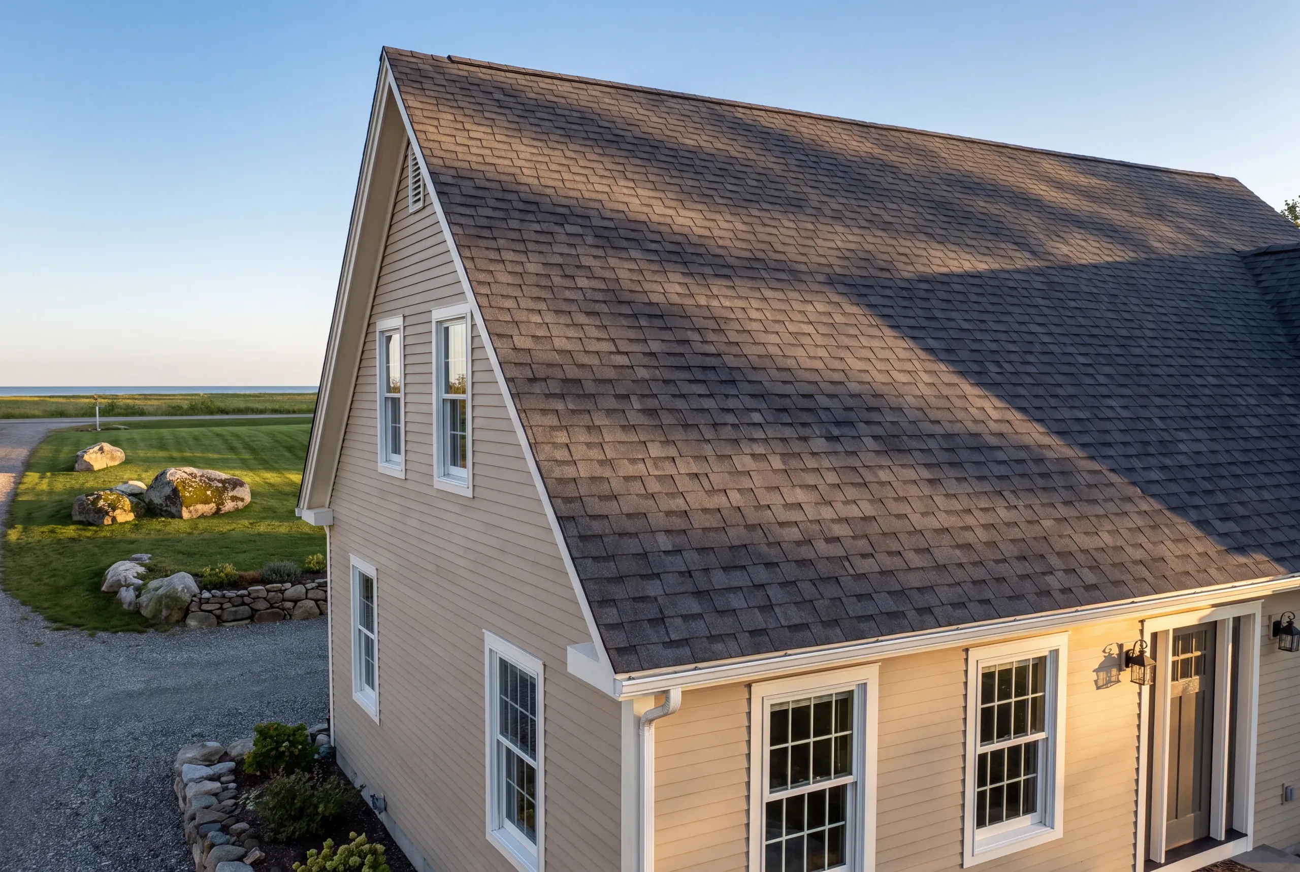 Finished architectural shingle roof on a Central Maine home, wide view