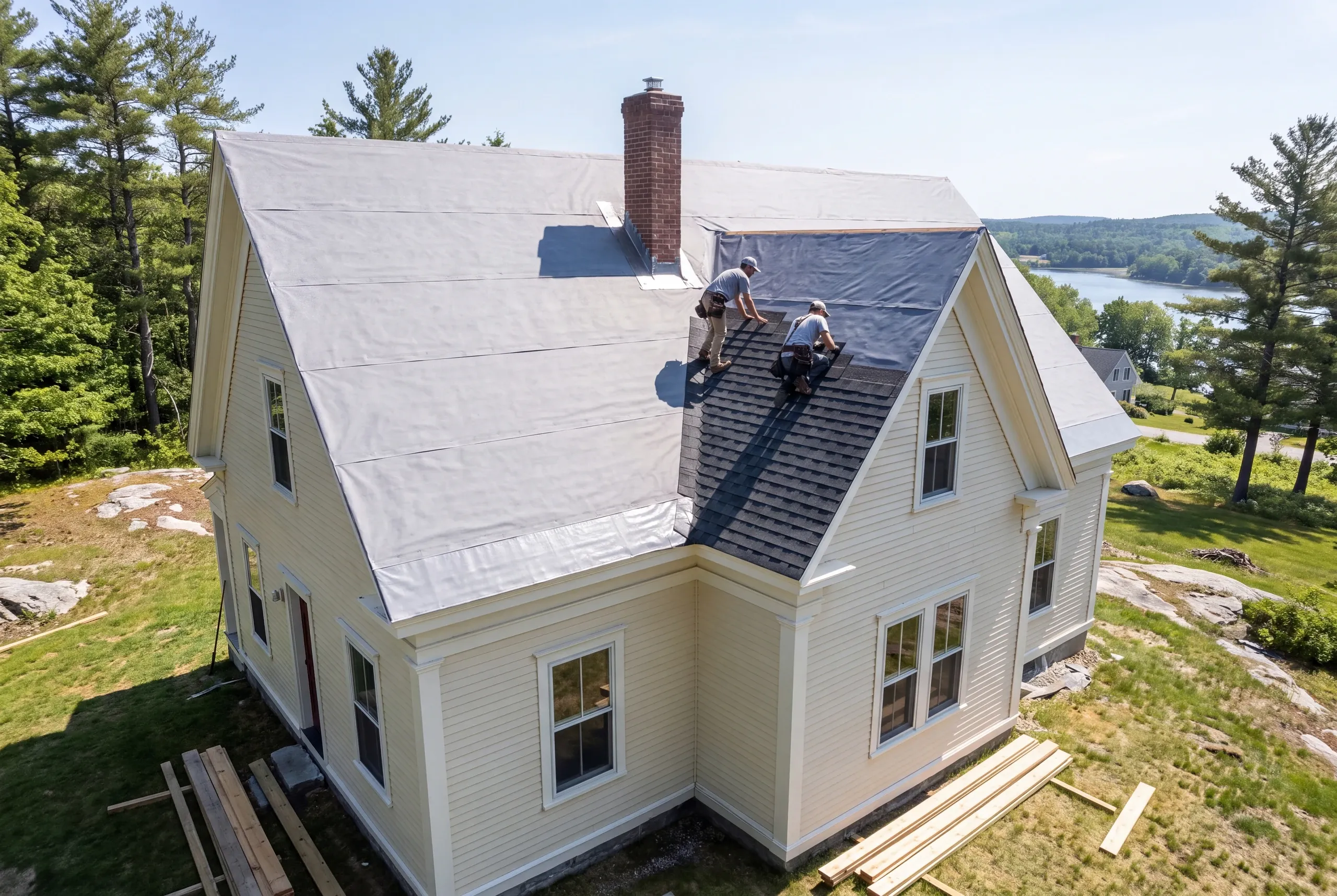 Architectural shingles being installed on a Fairfield riverfront Victorian