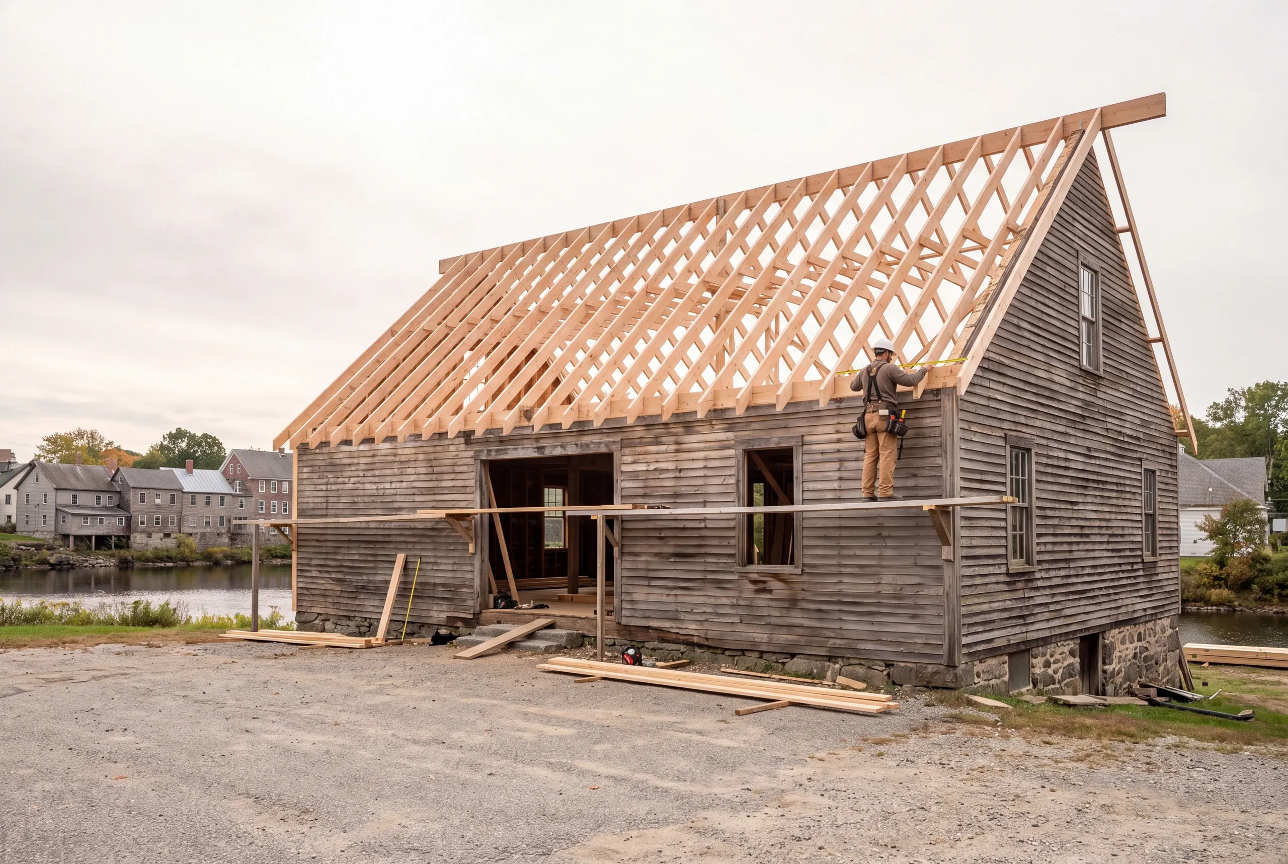 Roofer sizing a rafter repair on an older Fairfield outbuilding