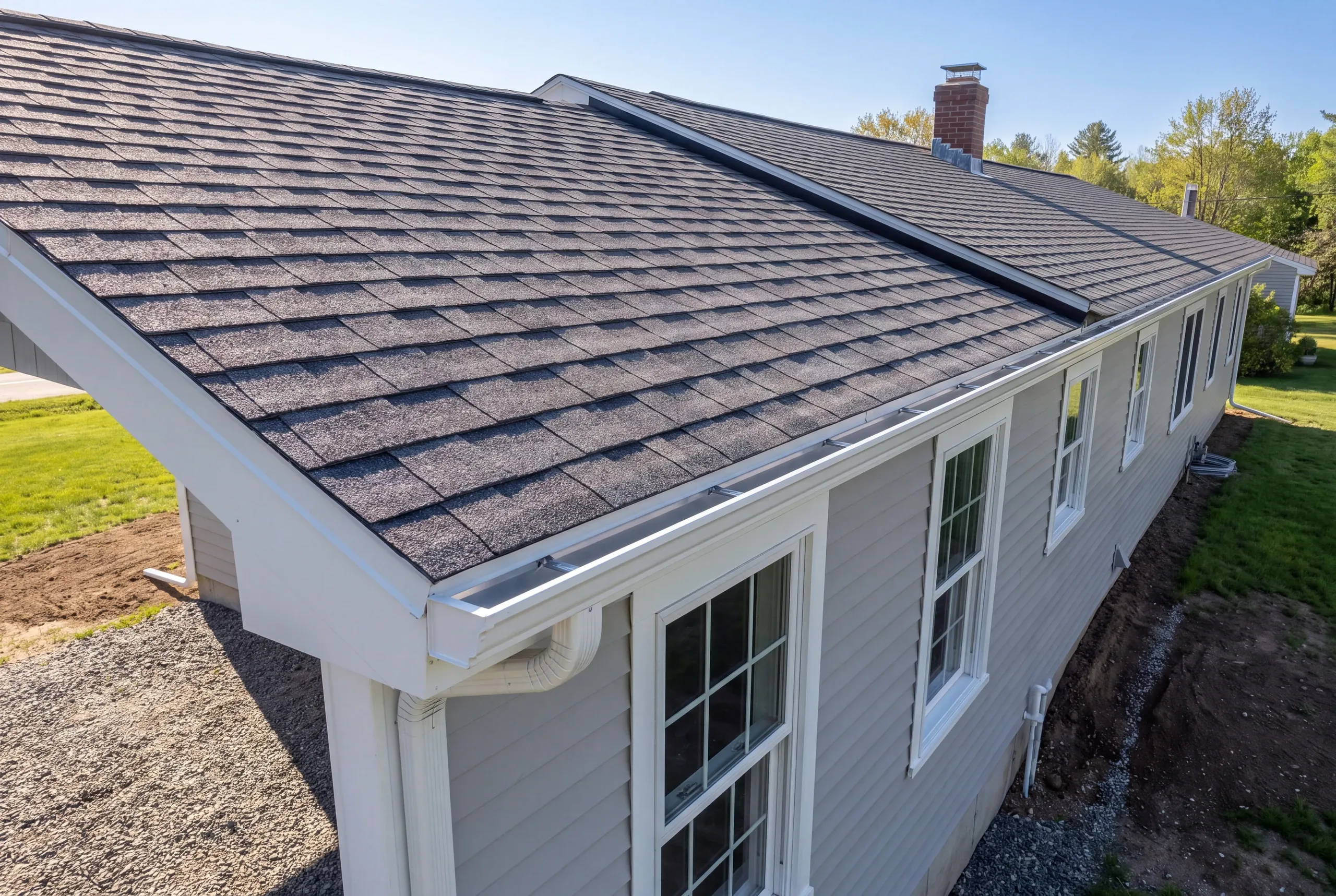 Finished roof, eaves and new gutter line on a Fairfield home seen from the driveway