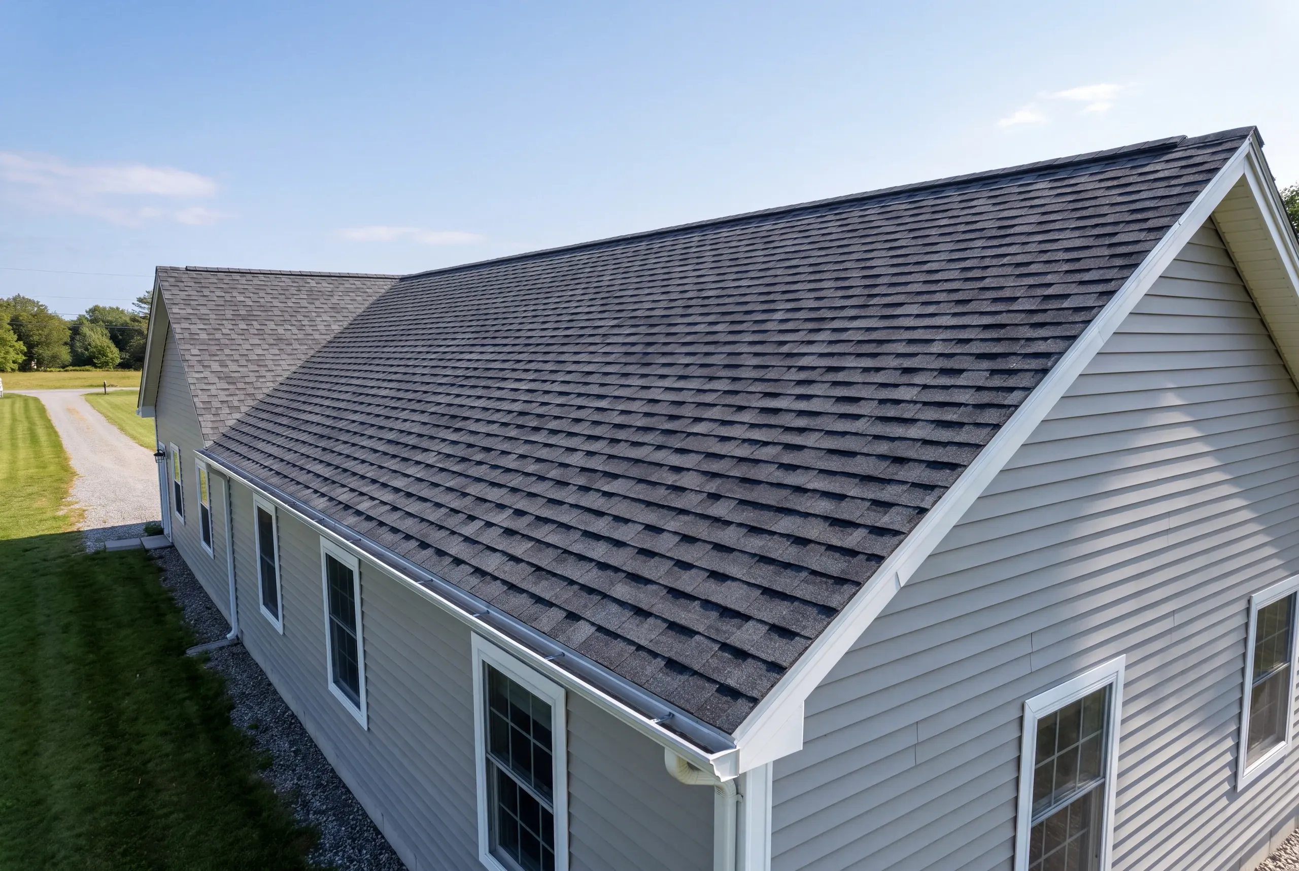Finished architectural shingle roof on a Fairfield, Maine home, wide view