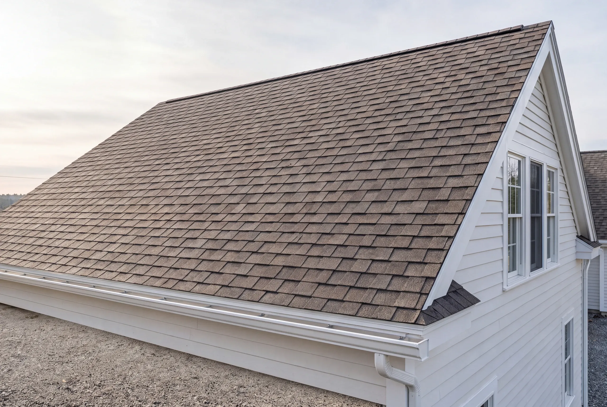 Finished roof, eaves and new gutter line on a Gardiner home seen from the driveway
