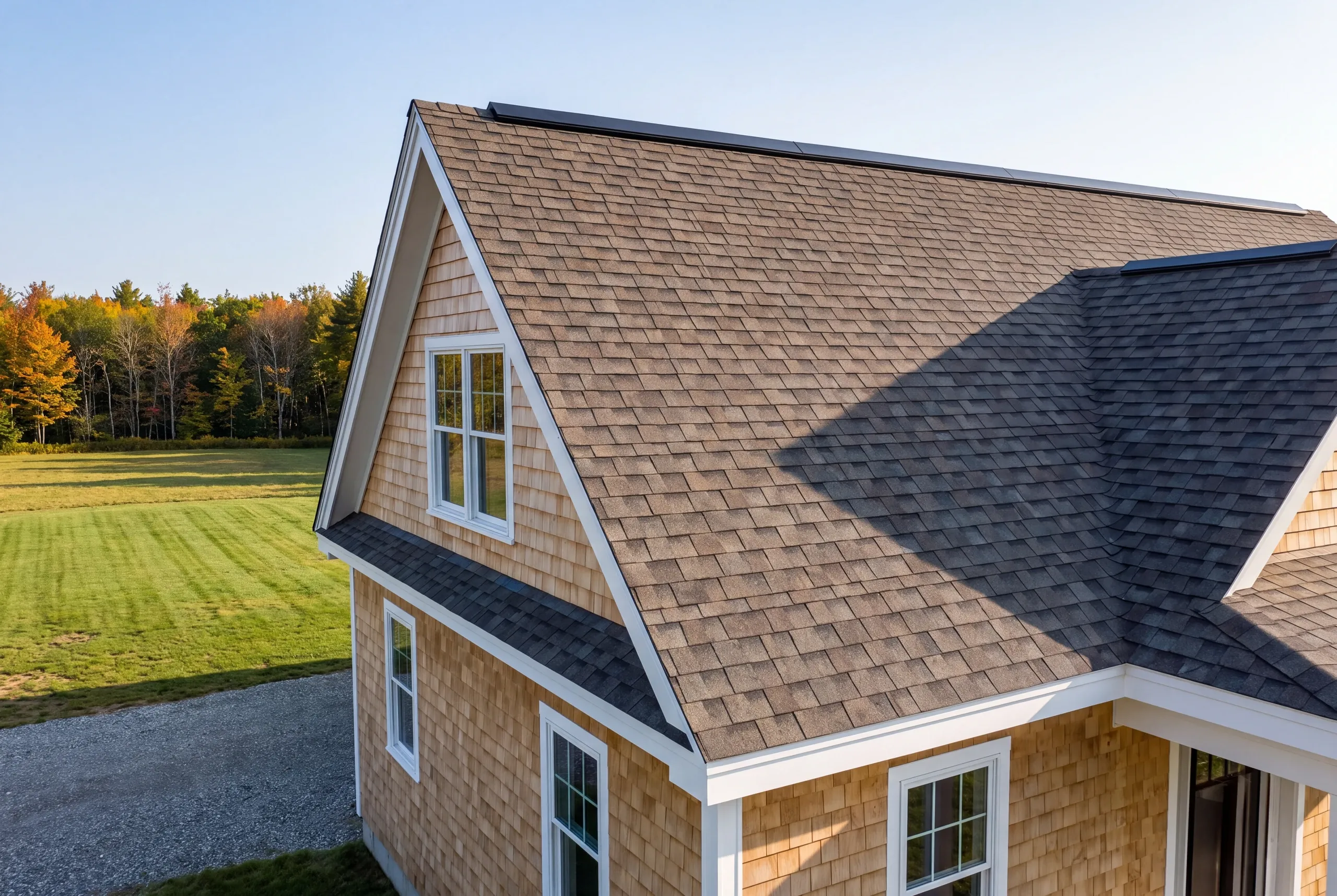 Finished architectural shingle roof on a Gardiner, Maine home, wide view