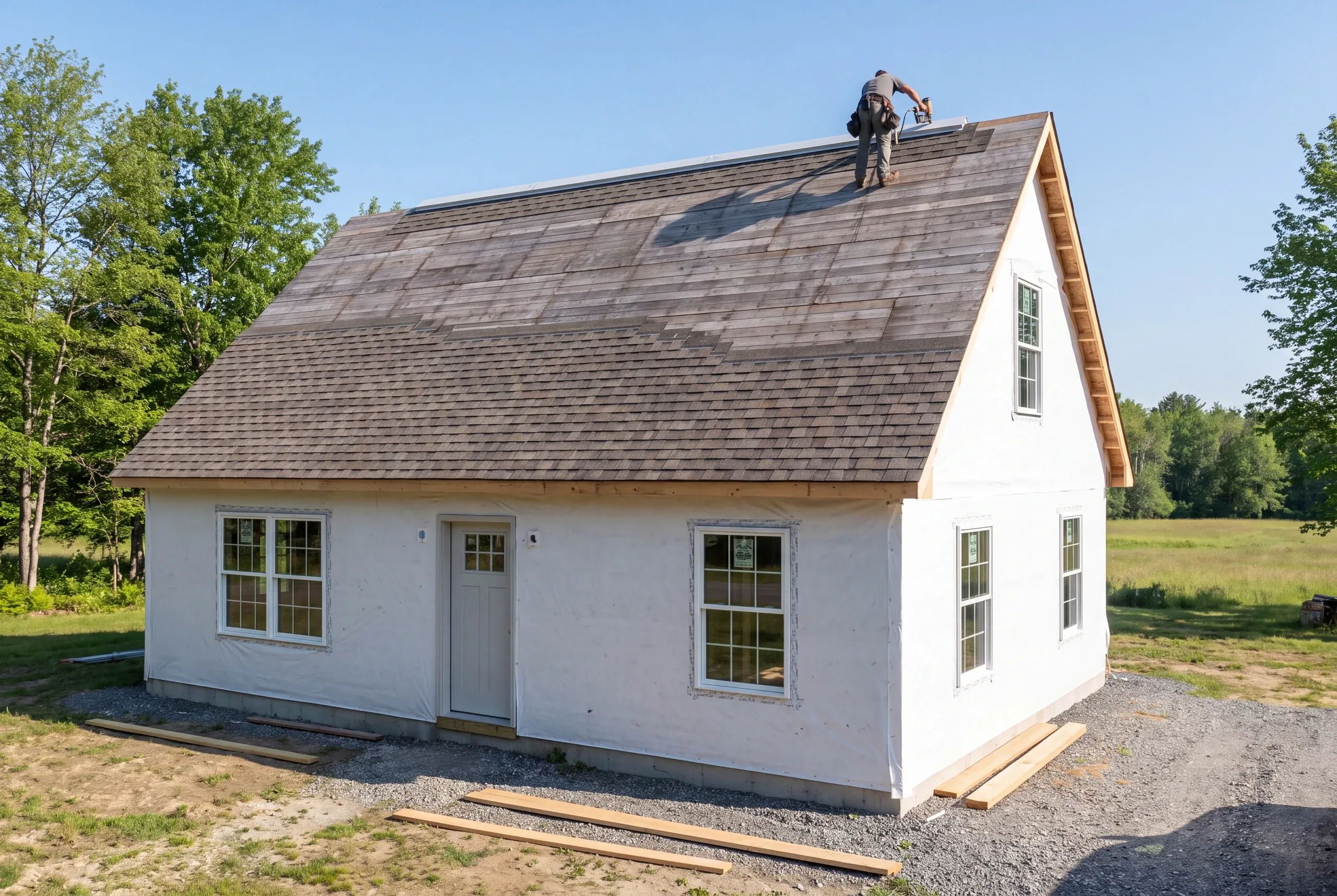Roofing contractor Greene, ME installing ridge vent on a rural home