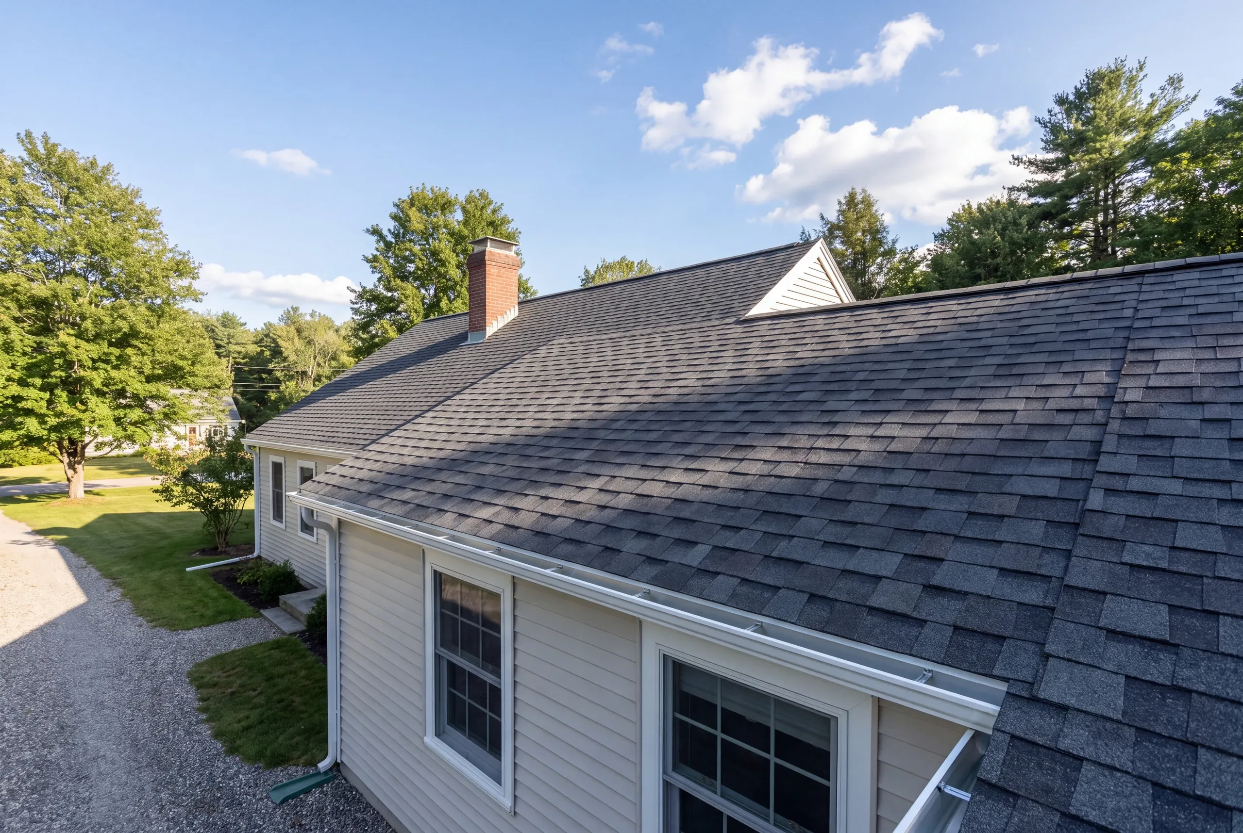 Finished roof, eaves and new gutter line on a Greene home seen from the driveway