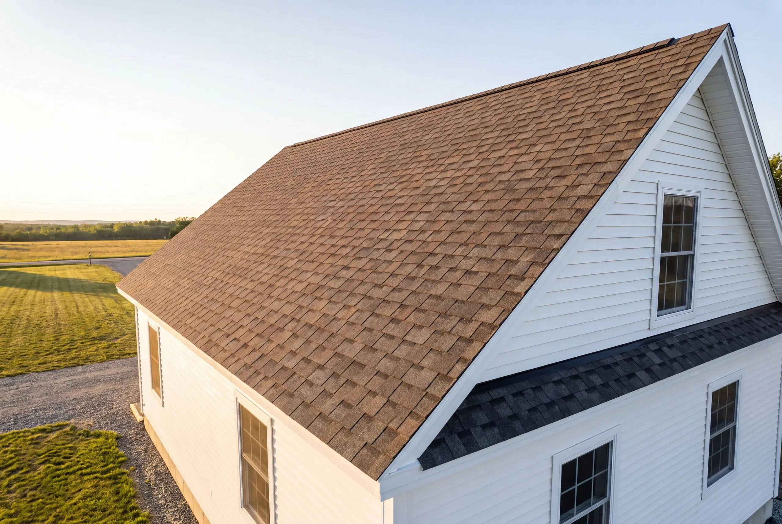 Finished architectural shingle roof on a Greene, Maine home, wide view