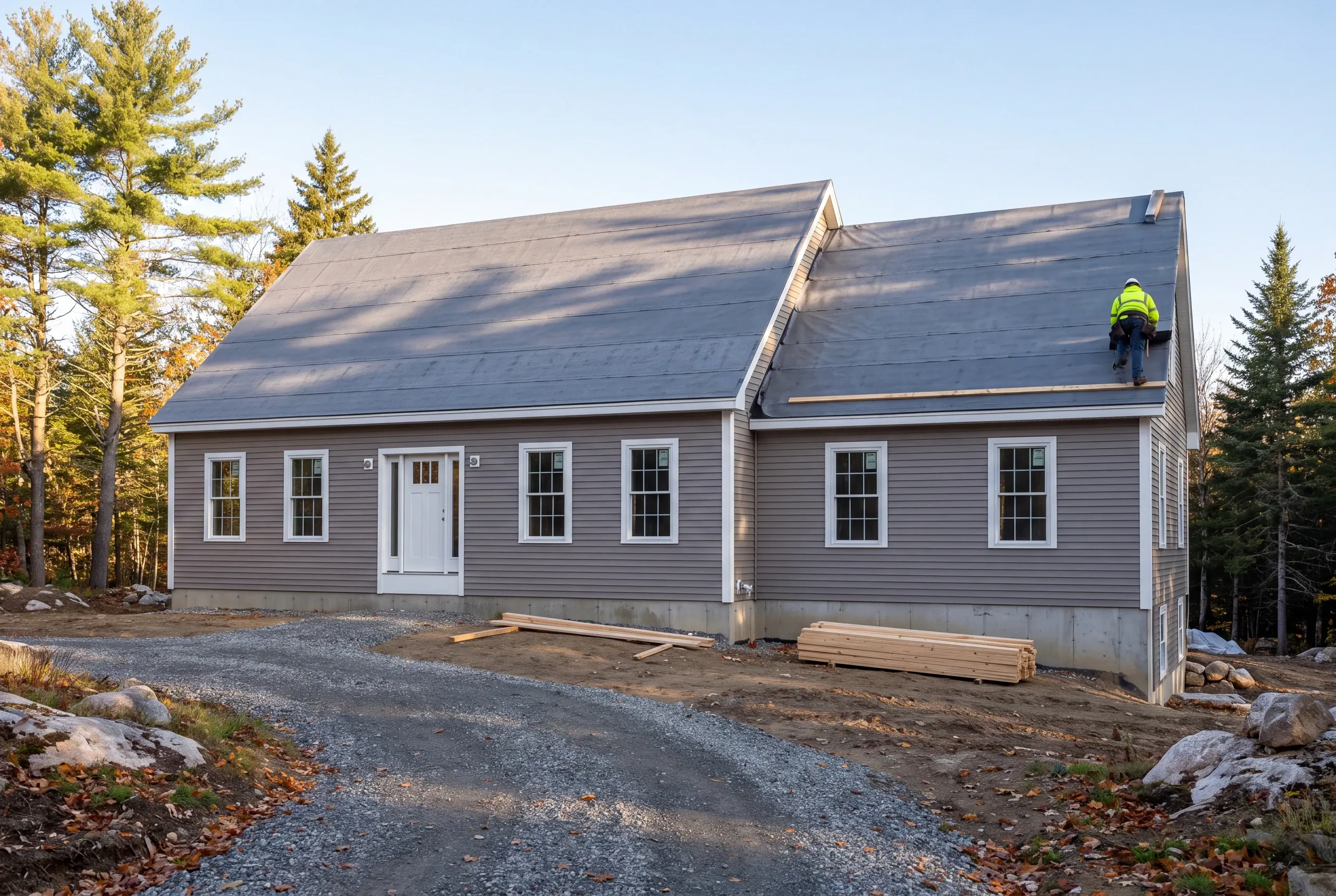 Roofing contractor crew replacing a roof on a Central Maine home