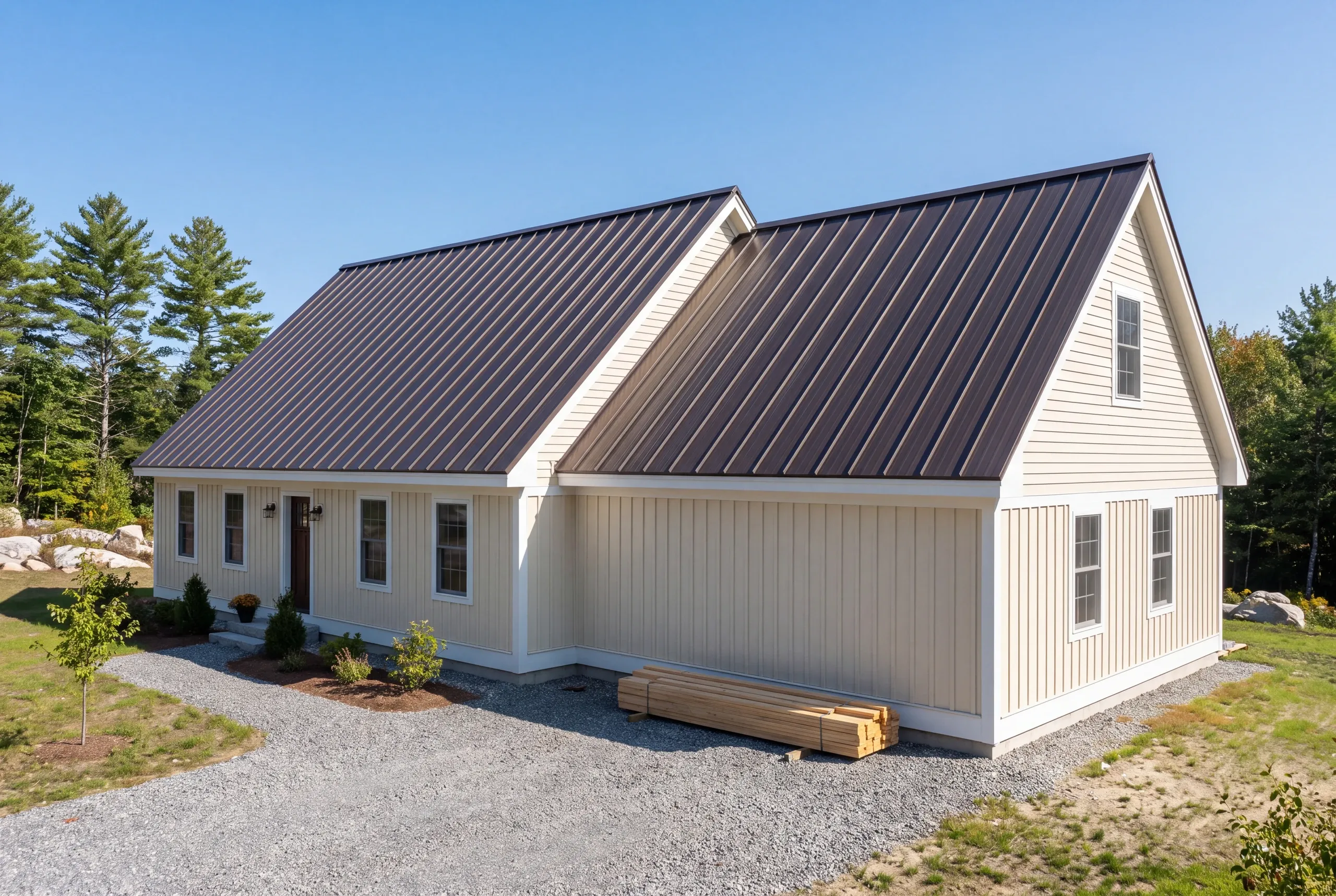 Standing seam metal roof shedding snow on a Kennebec Valley house