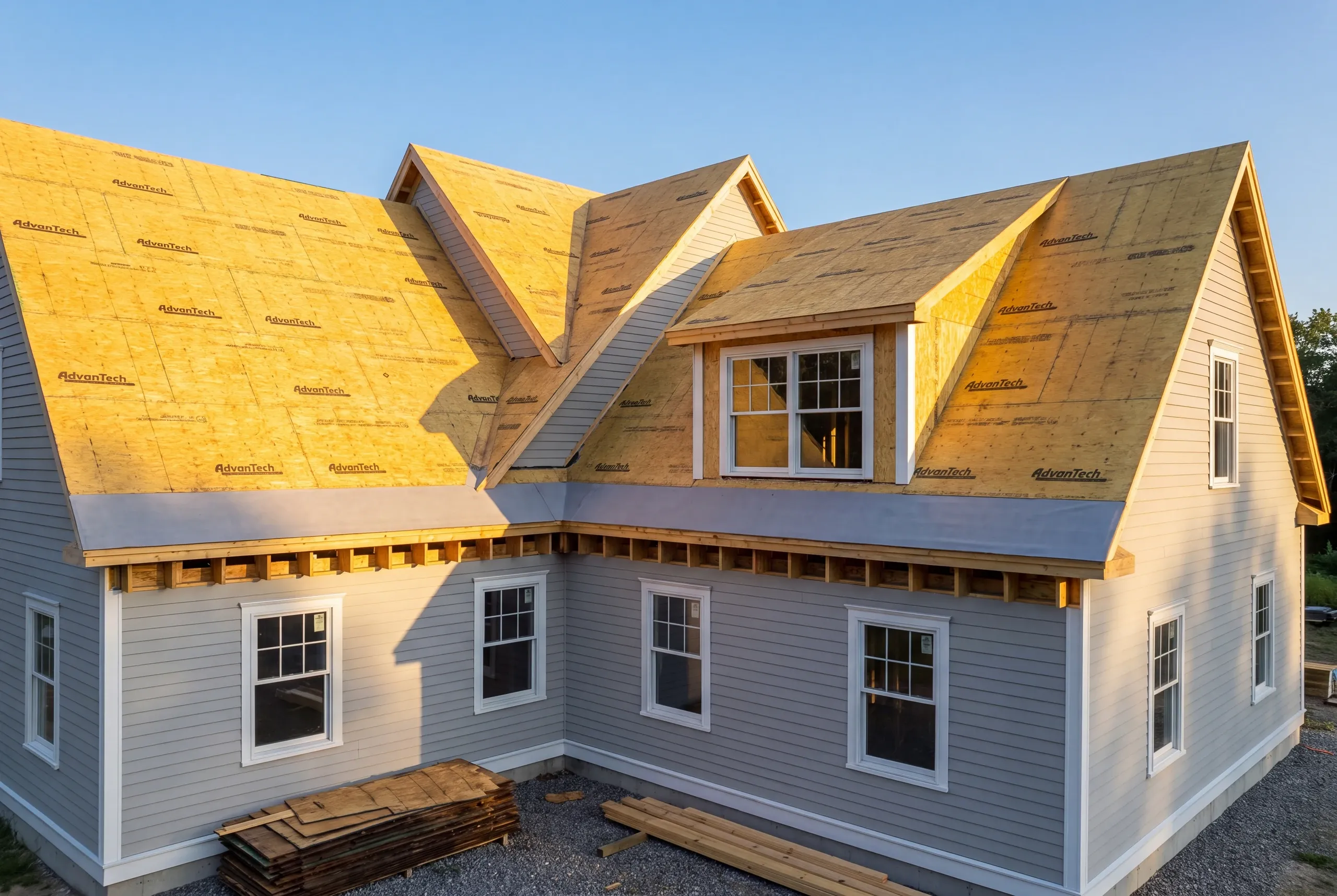 Roofer replacing rotted sheathing on an exposed roof deck