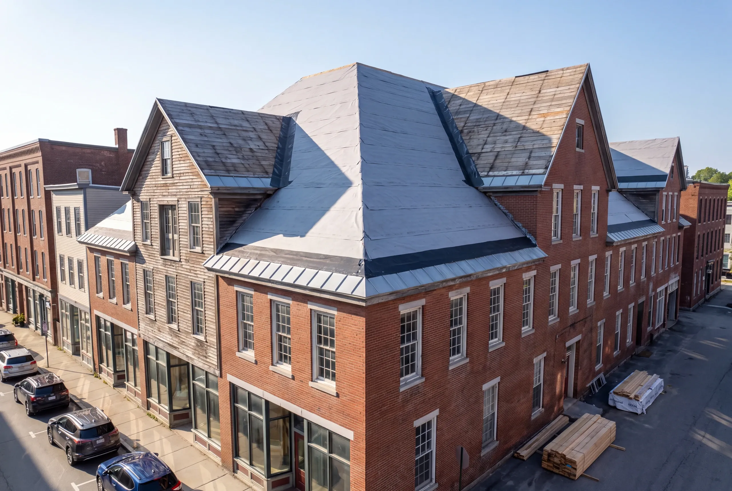 Roofing contractor Lewiston, ME staging a tear-off on a downtown multi-family