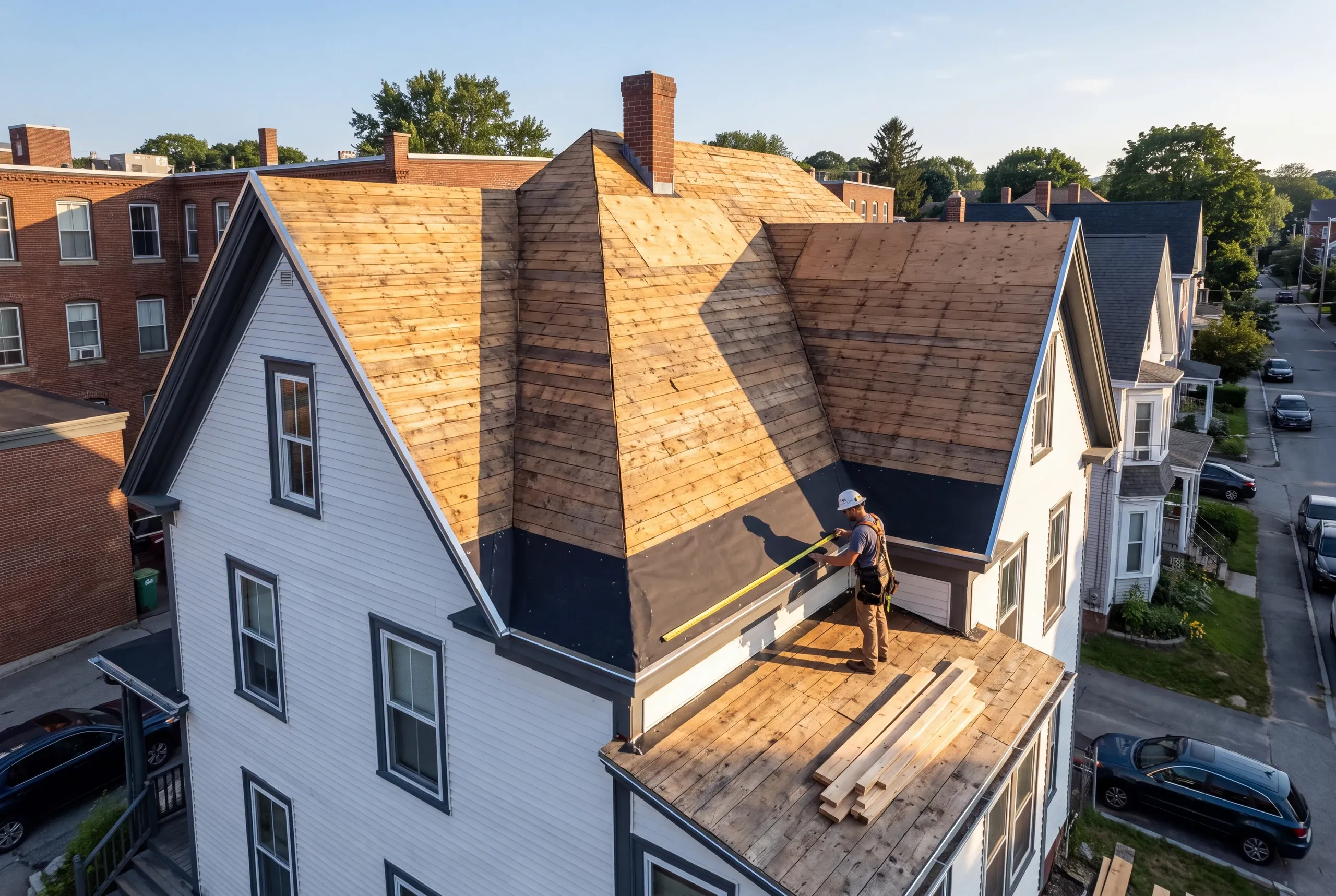 Roofer working above a Victorian near Bates College in Lewiston