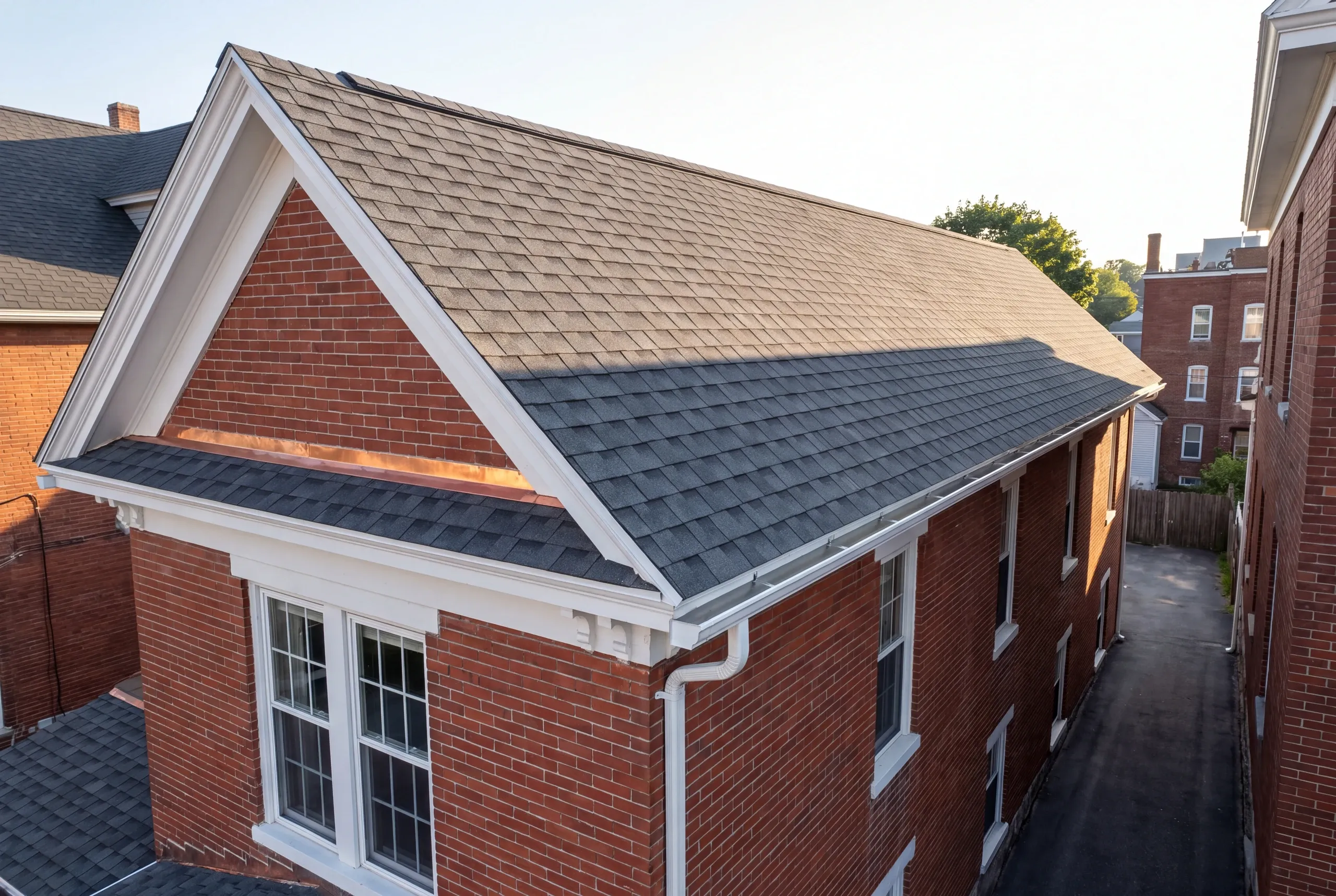 Finished roof, eaves and new gutter line on a Lewiston home seen from the driveway
