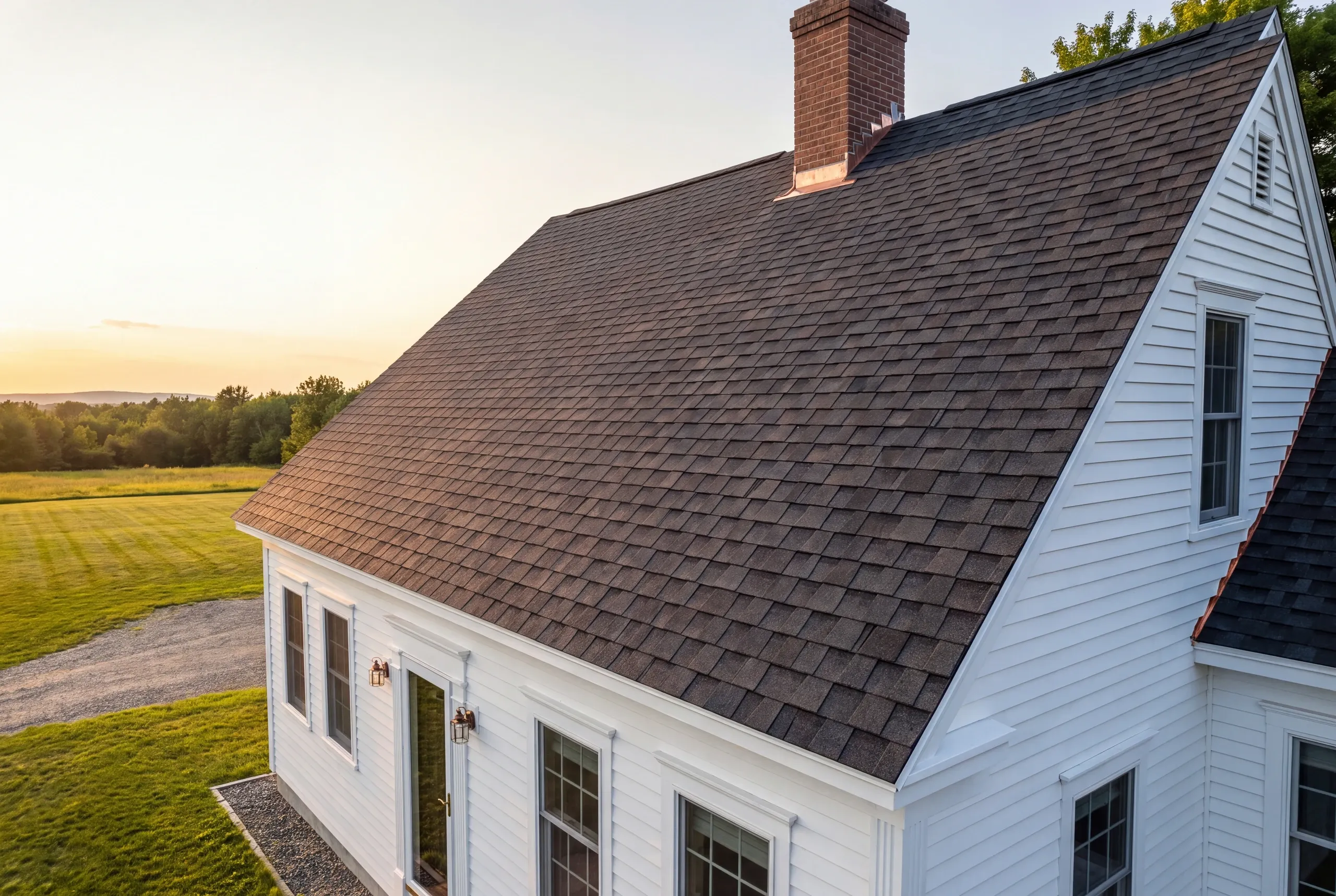 Finished architectural shingle roof on a Lewiston, Maine home, wide view