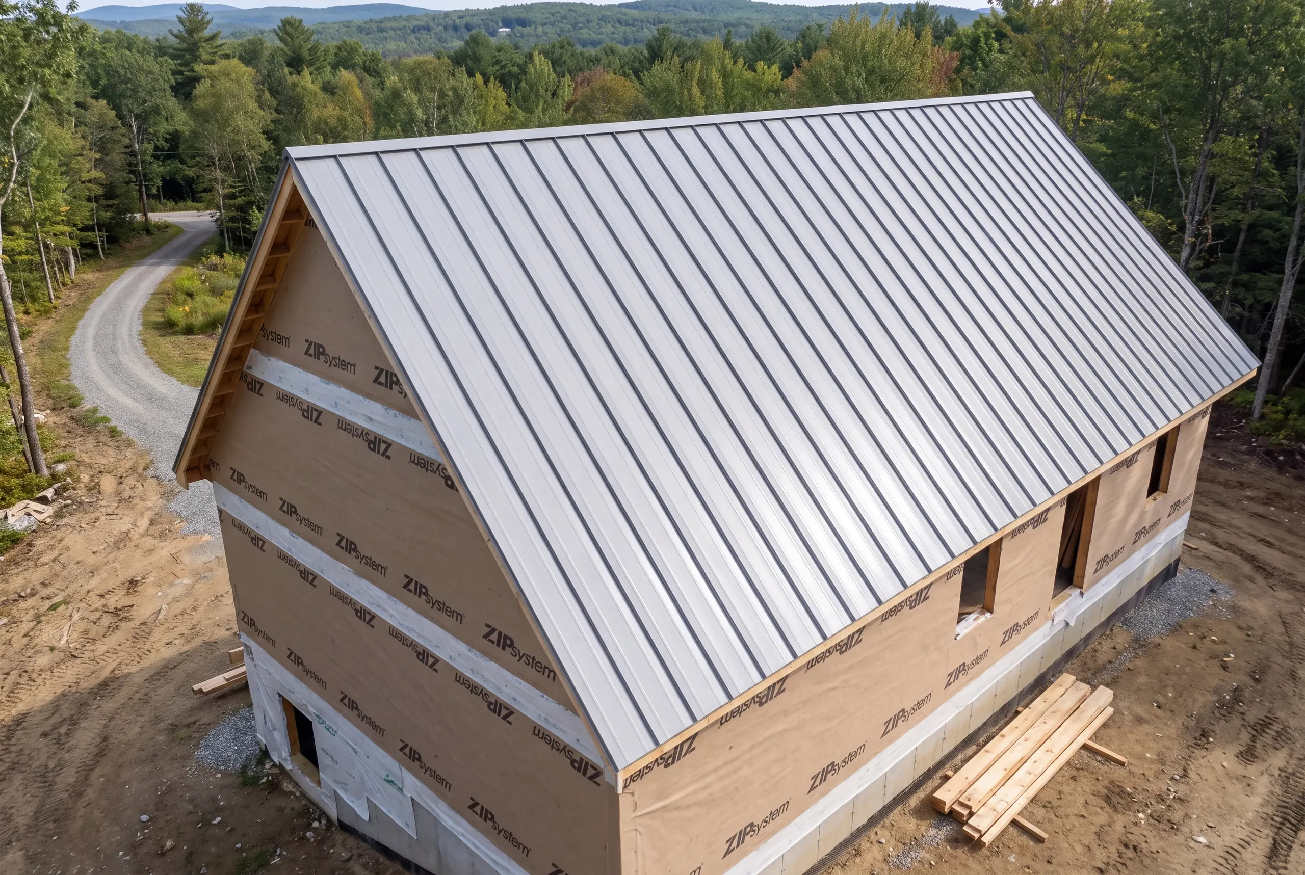 Standing seam metal shedding snow on a Mt Vernon hillside house