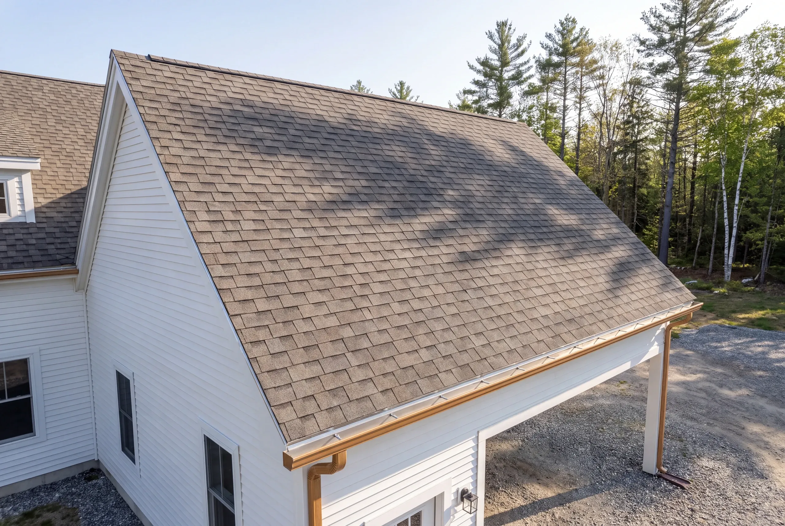 Finished roof, eaves and new gutter line on a Mt Vernon home seen from the driveway