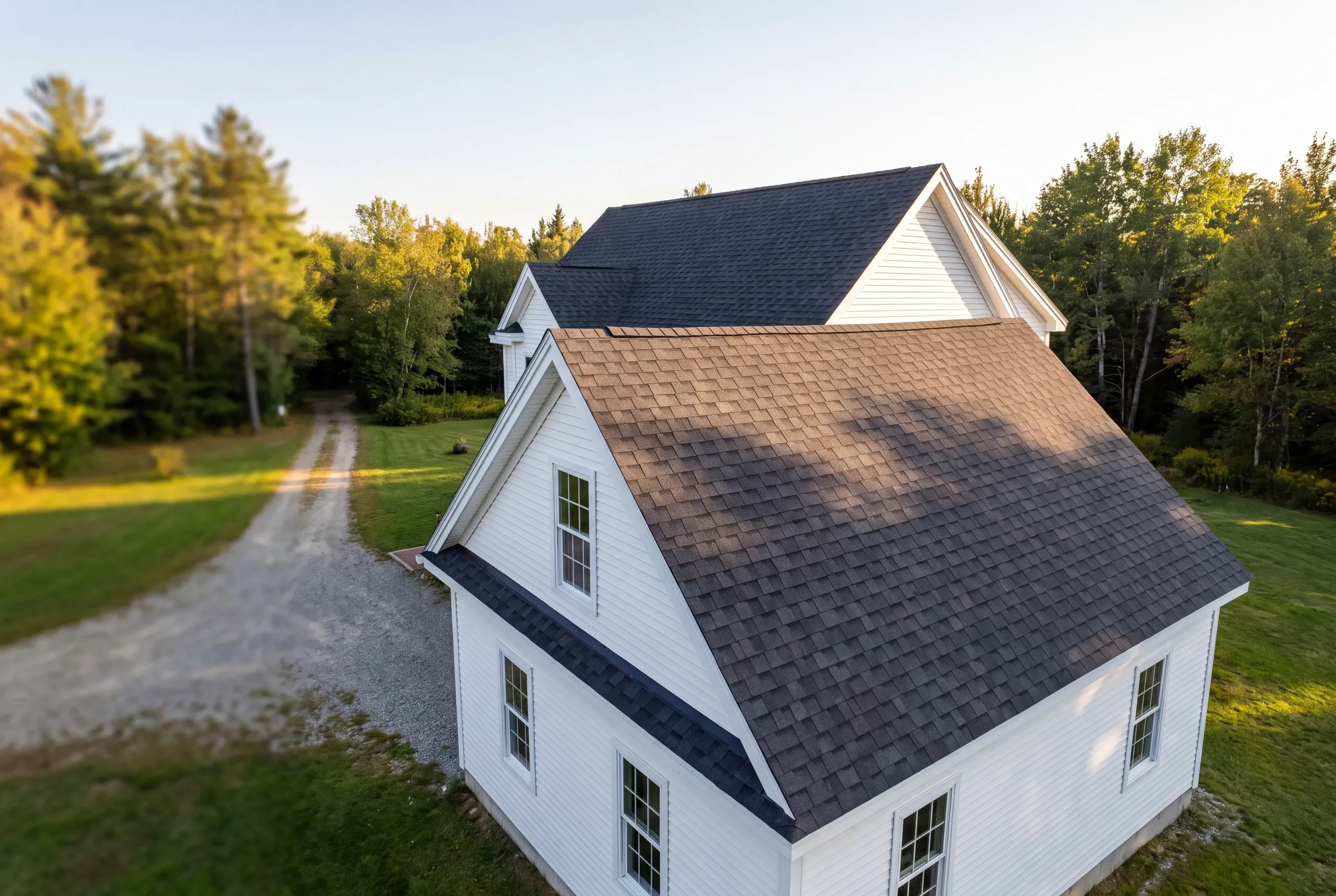 Finished architectural shingle roof on a Mt Vernon, Maine home, wide view