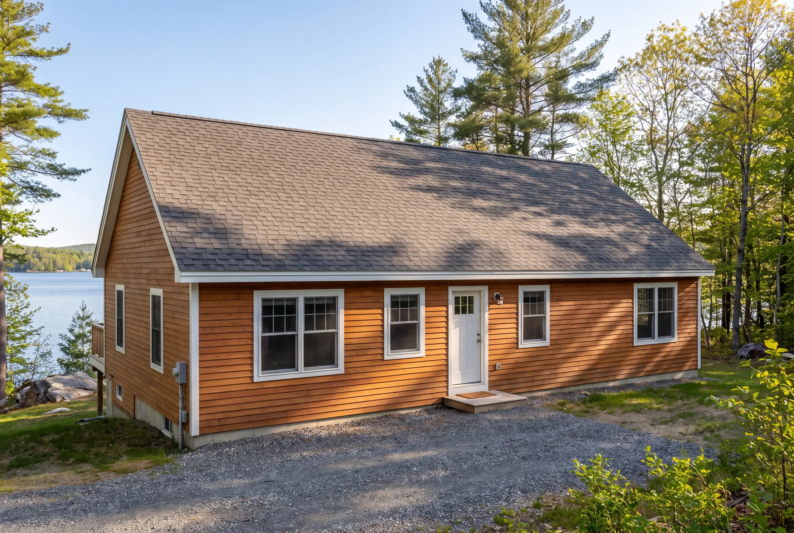 Roofing contractor Oakland, ME reroofing a converted camp on Messalonskee Lake