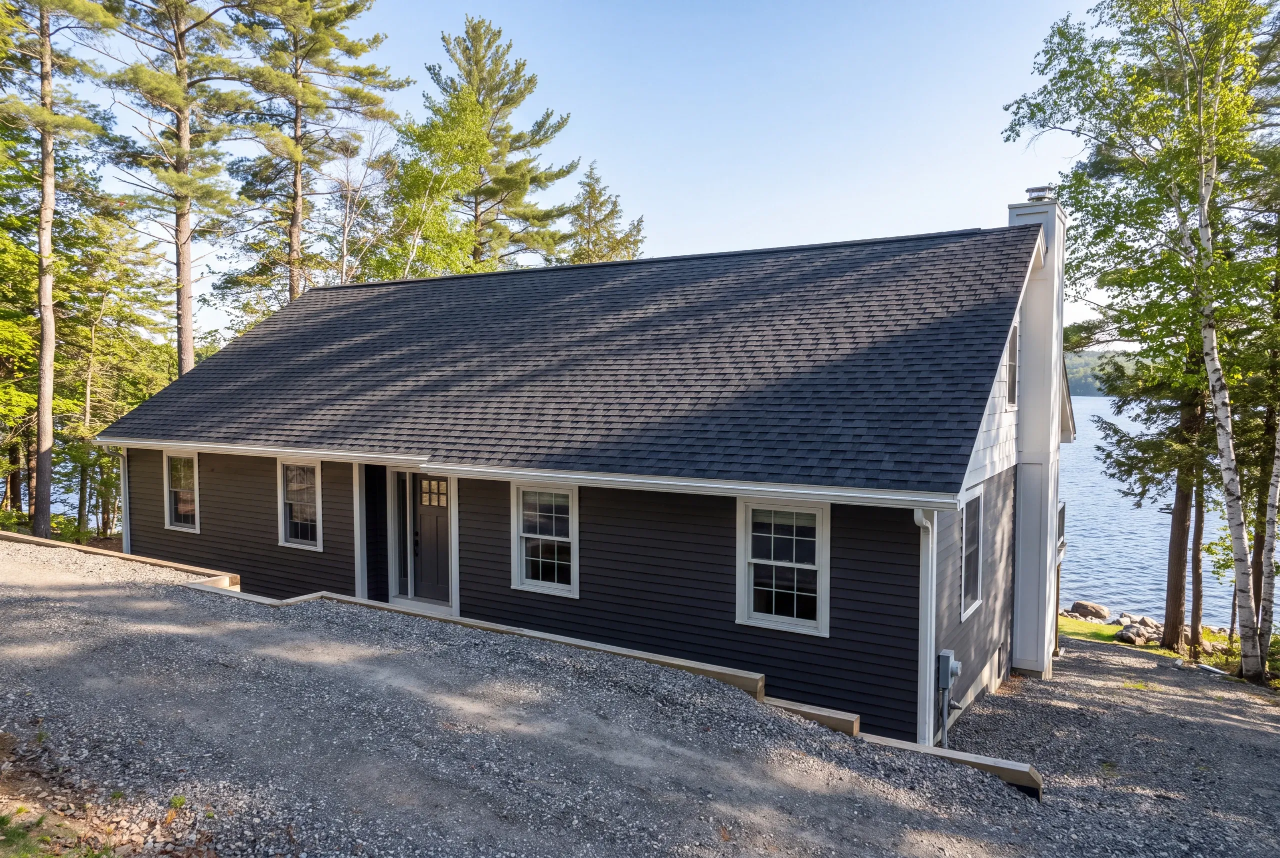 Finished roof on a Messalonskee Lake house in Oakland