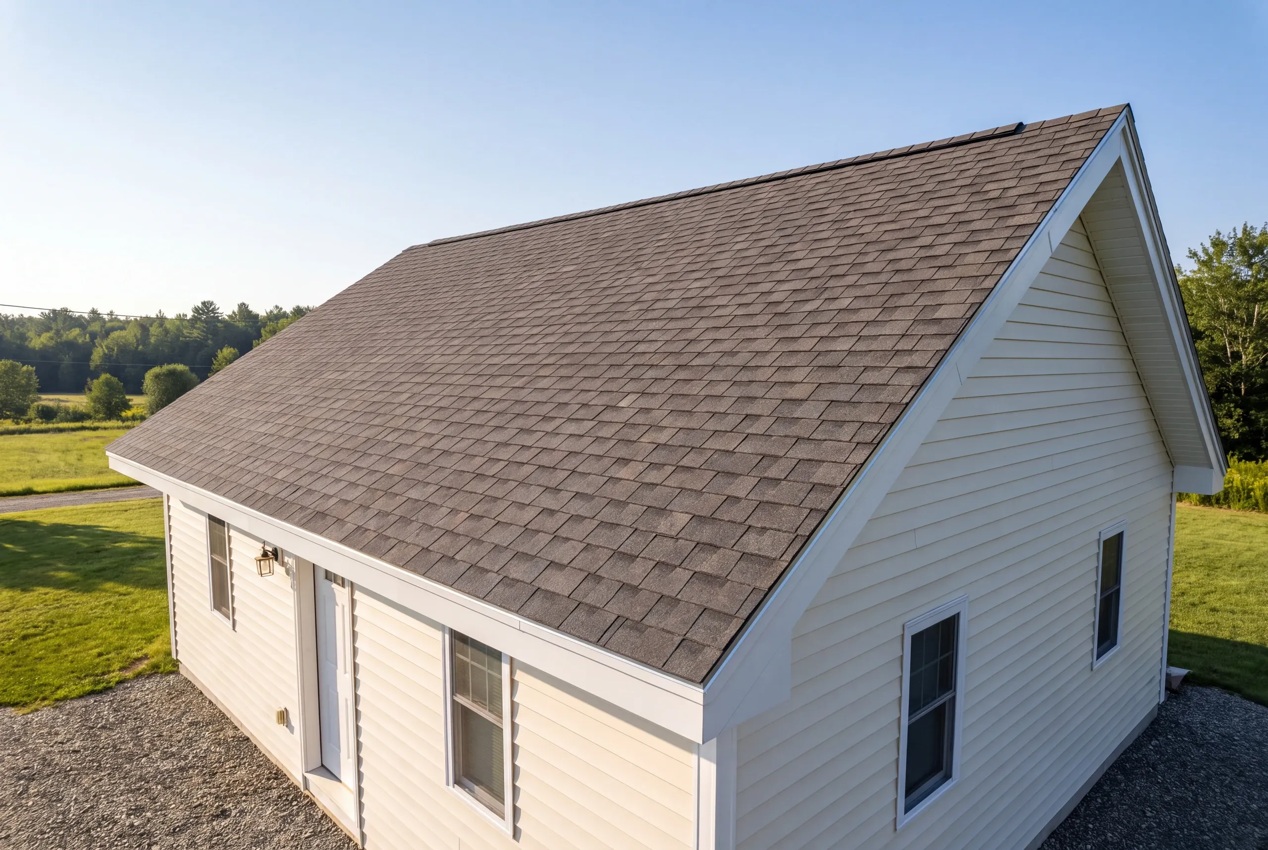 Finished roof, eaves and new gutter line on an Oakland home seen from the driveway