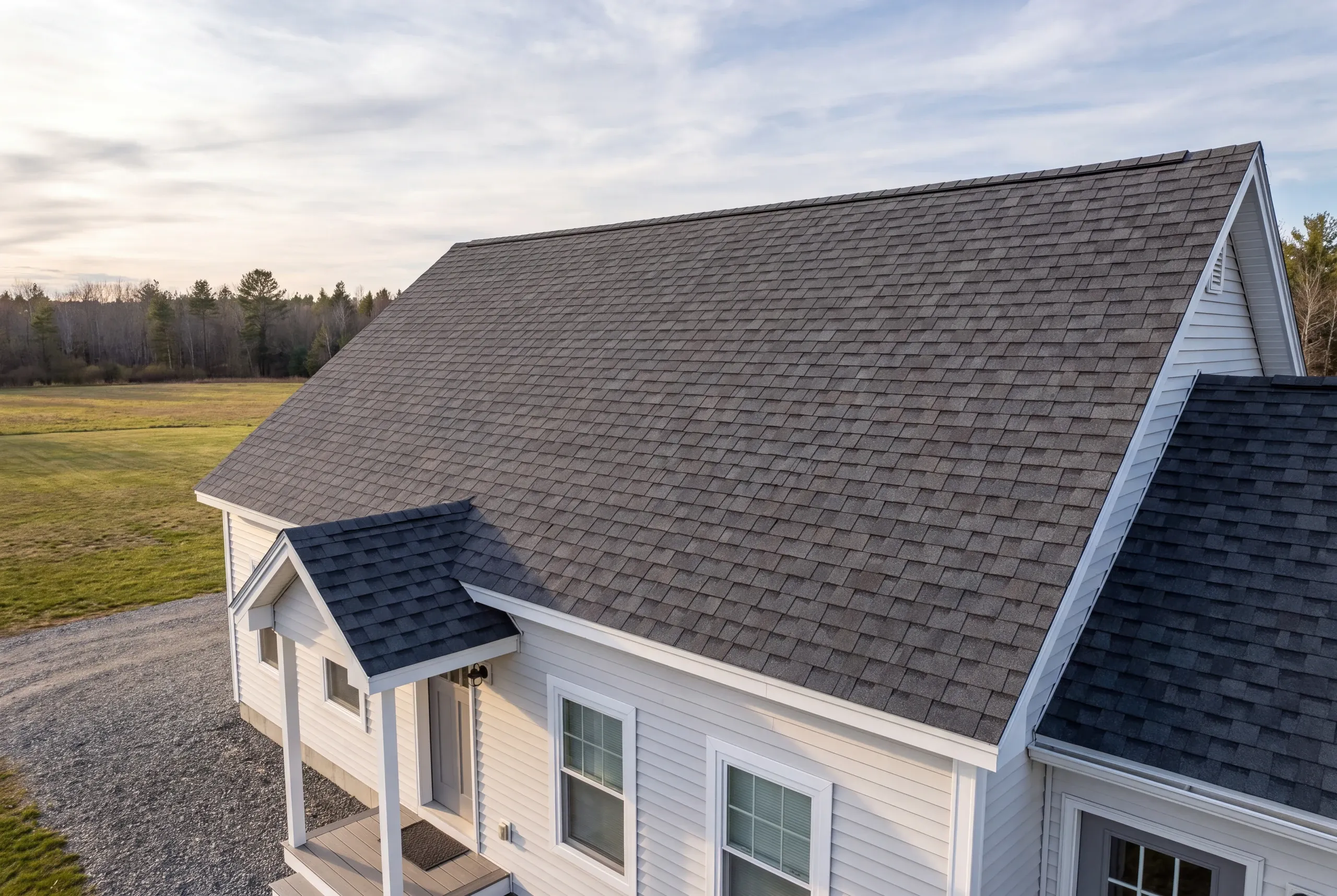 Finished architectural shingle roof on an Oakland, Maine home, wide view