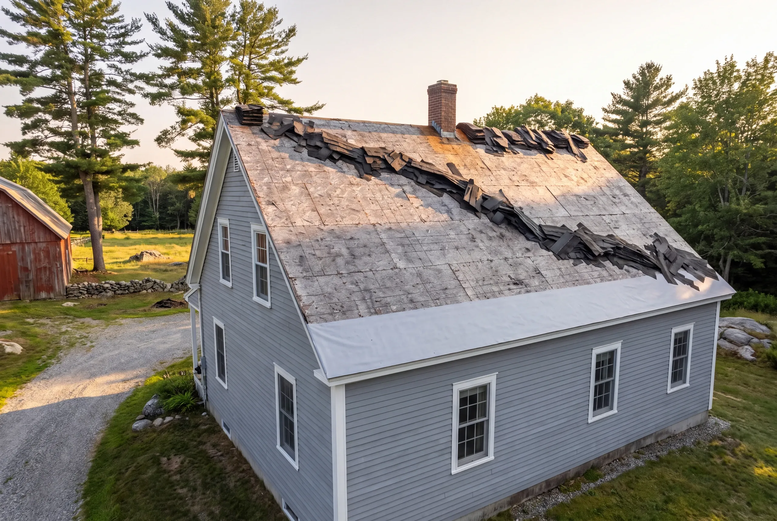 Two layers of shingles being stripped from a Palermo homestead roof