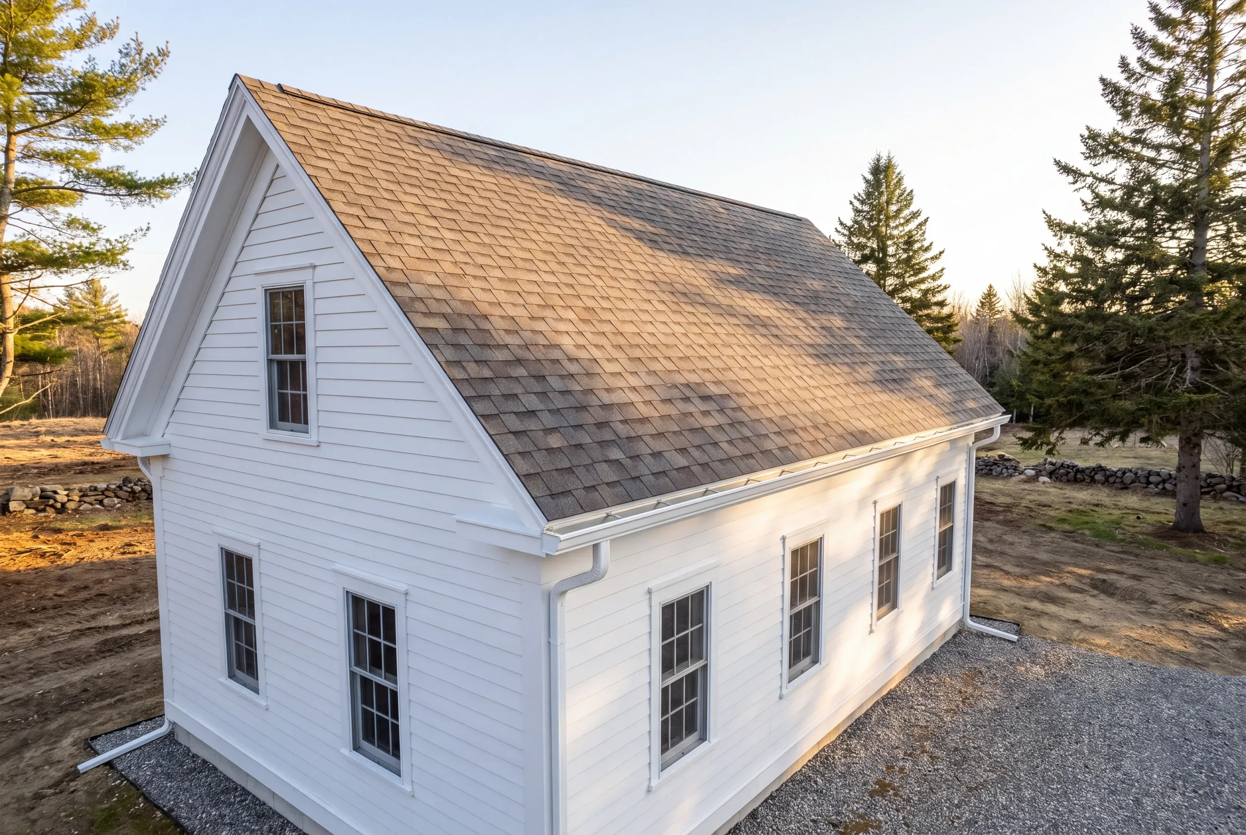 Finished roof, eaves and new gutter line on a Palermo home seen from the driveway