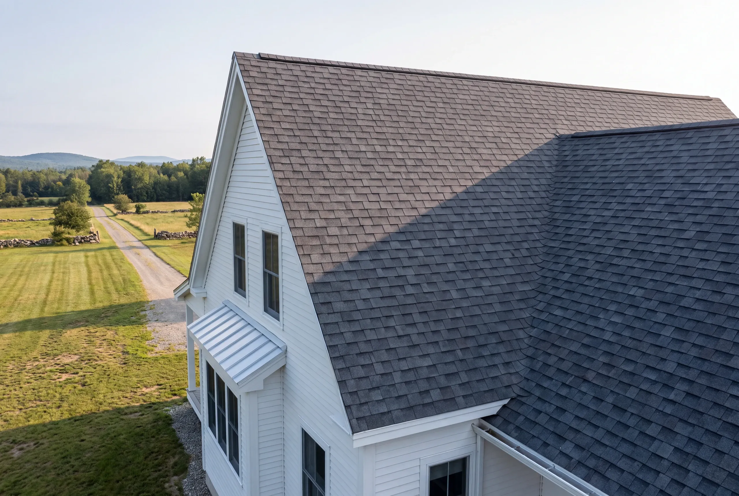 Finished architectural shingle roof on a Palermo, Maine home, wide view